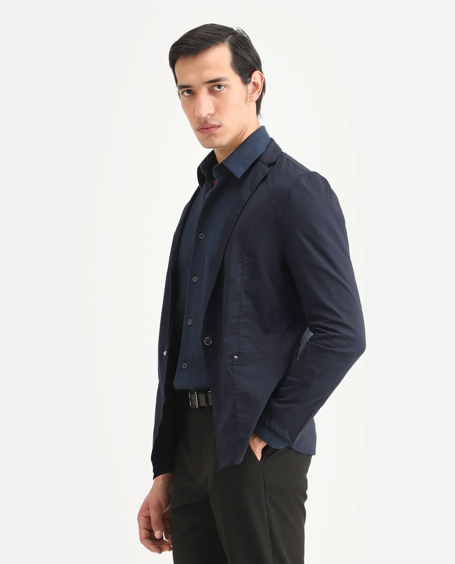 Rare Rabbit Men's Glaze Navy Viscose Plain Regular Fit Full Sleeve Lapel Neck Jacket - Image 6