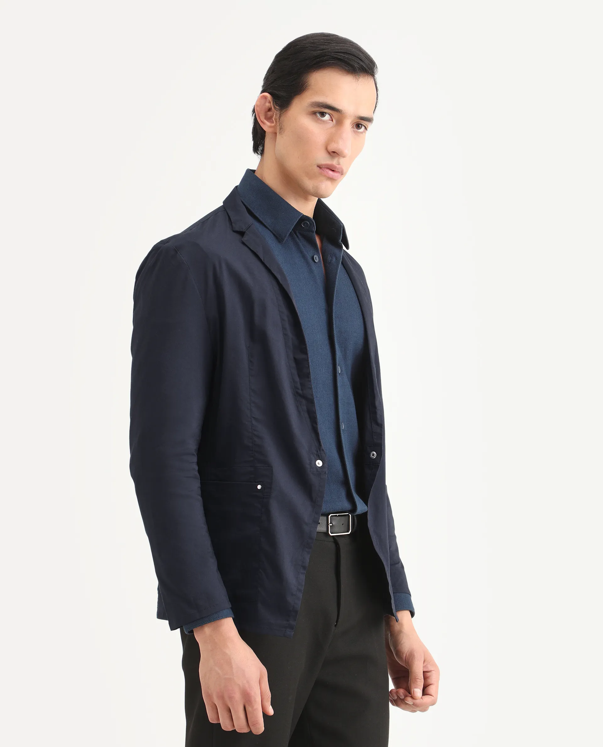 Rare Rabbit Men's Glaze Navy Viscose Plain Regular Fit Full Sleeve Lapel Neck Jacket - Image 7