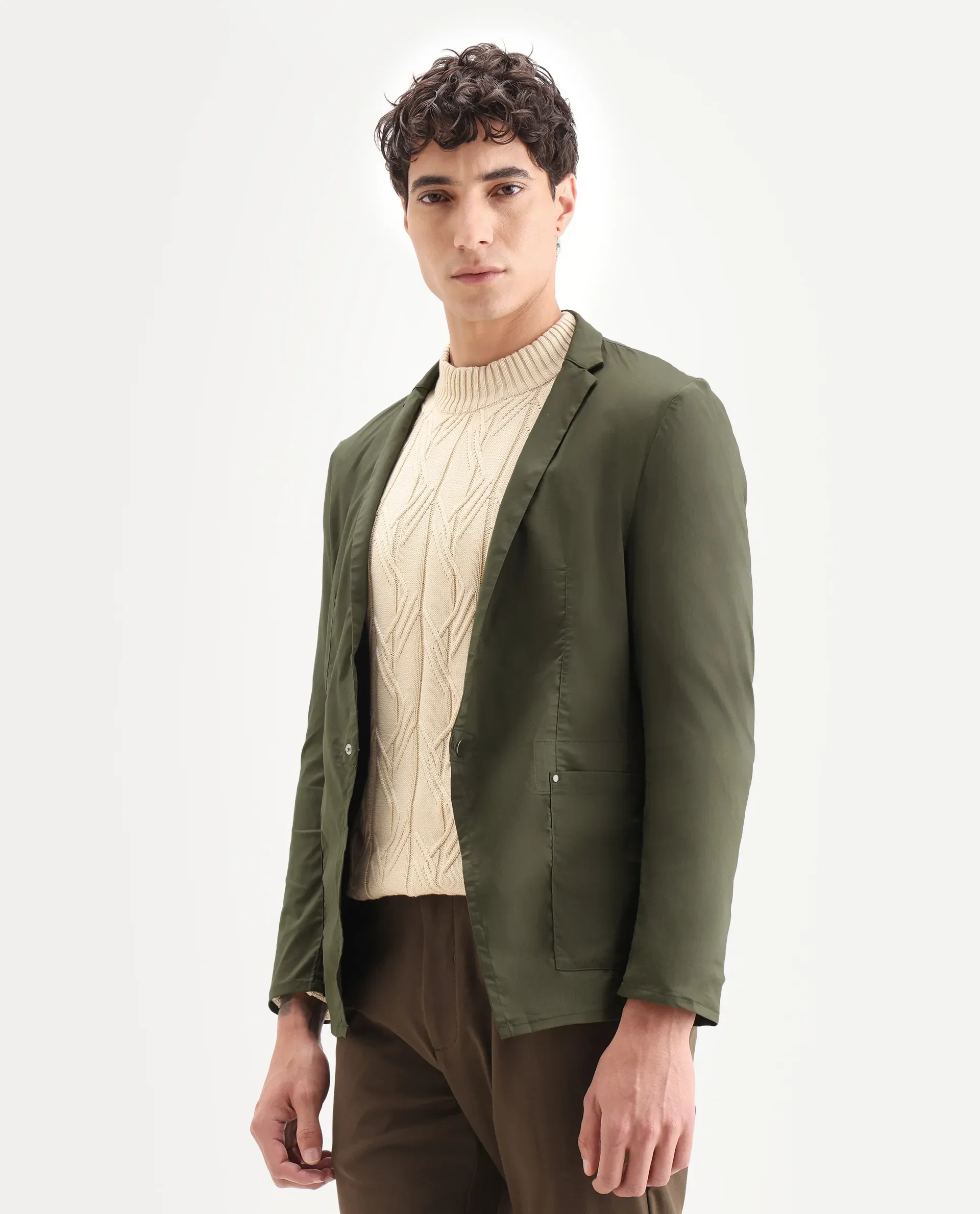 Rare Rabbit Men's Glaze Olive Viscose Plain Regular Fit Full Sleeve Lapel Neck Jacket - Image 4
