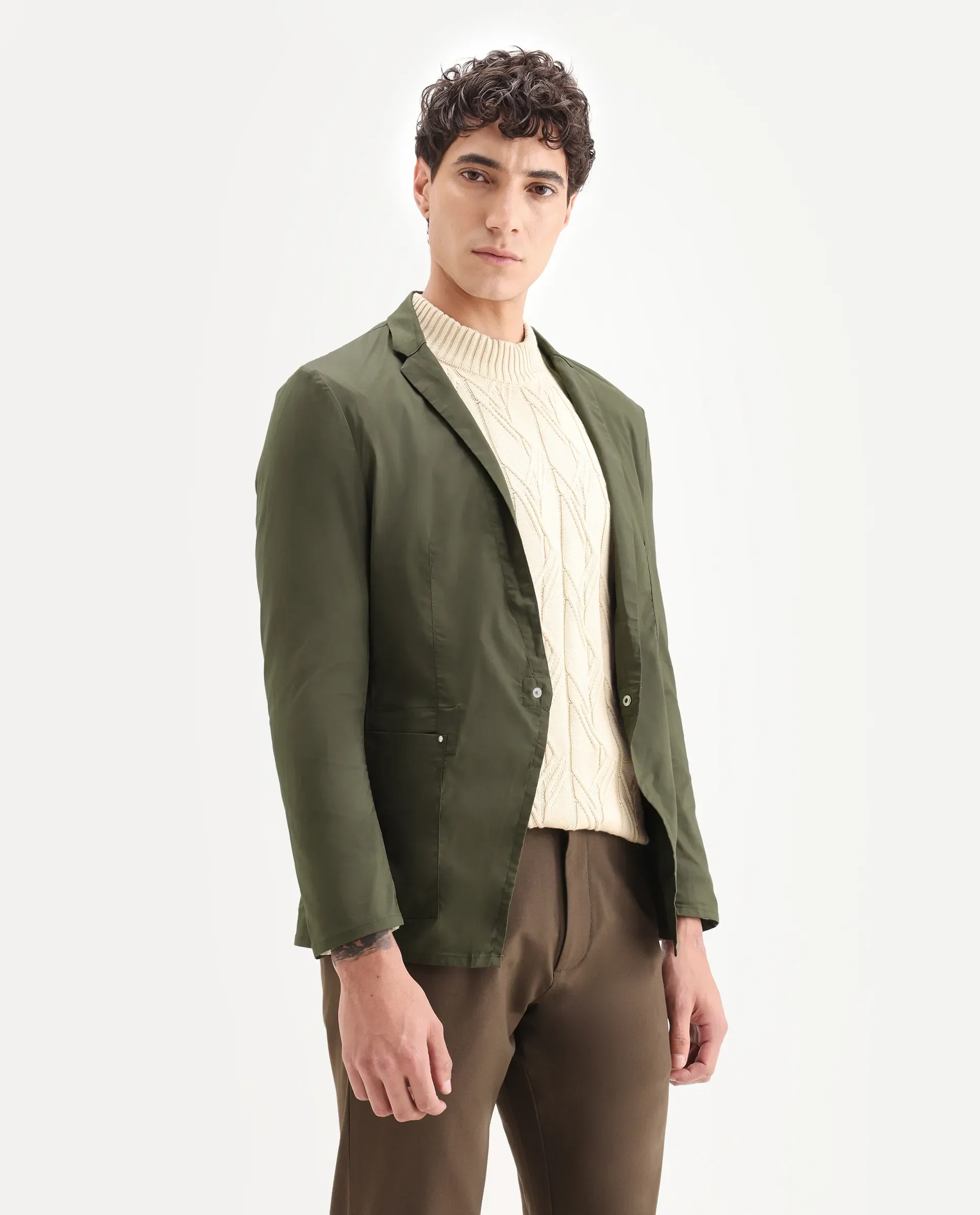 Rare Rabbit Men's Glaze Olive Viscose Plain Regular Fit Full Sleeve Lapel Neck Jacket - Image 5