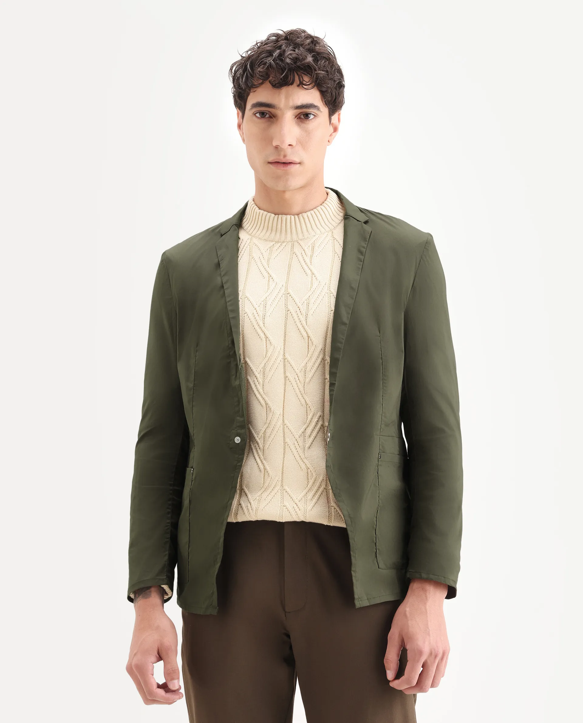 Rare Rabbit Men's Glaze Olive Viscose Plain Regular Fit Full Sleeve Lapel Neck Jacket - Image 6