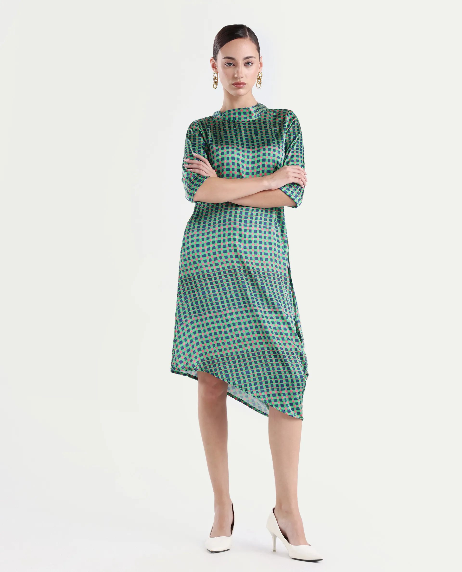 Rareism Women's Gleam Green Polyester High Neck Geometric Print Knee Length Regular Fit Dress - Image 2