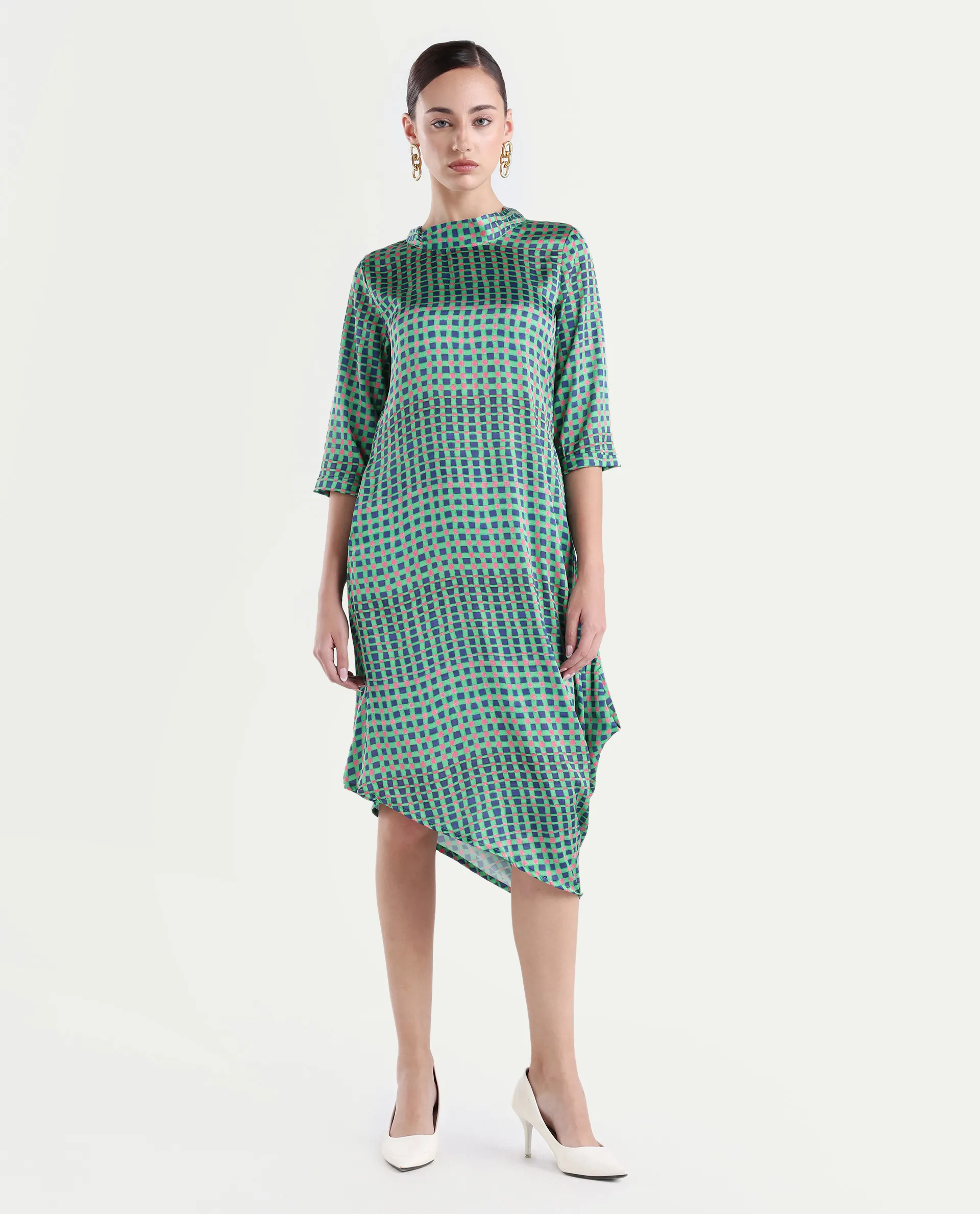 Rareism Women's Gleam Green Polyester High Neck Geometric Print Knee Length Regular Fit Dress - Image 3
