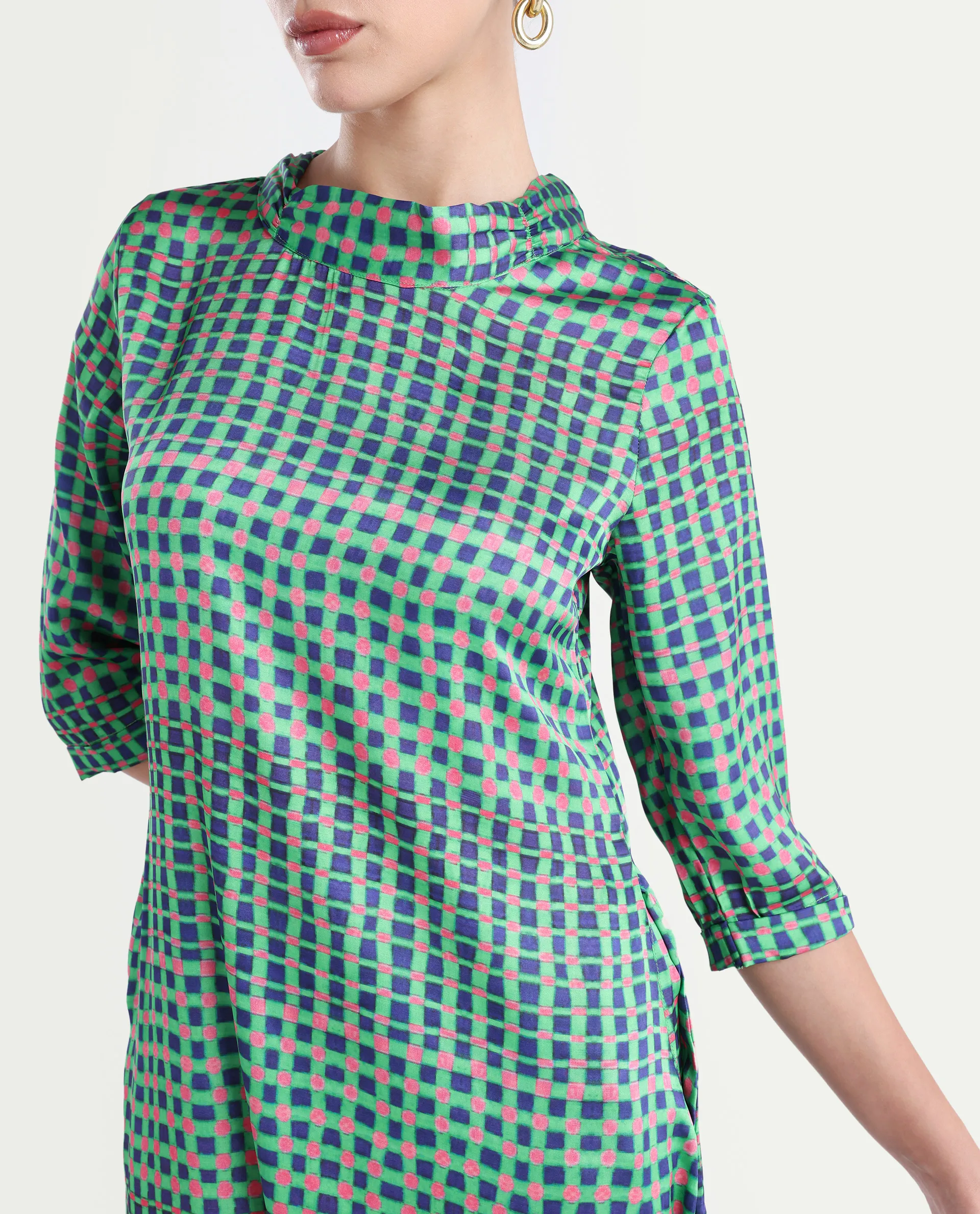 Rareism Women's Gleam Green Polyester High Neck Geometric Print Knee Length Regular Fit Dress - Image 4