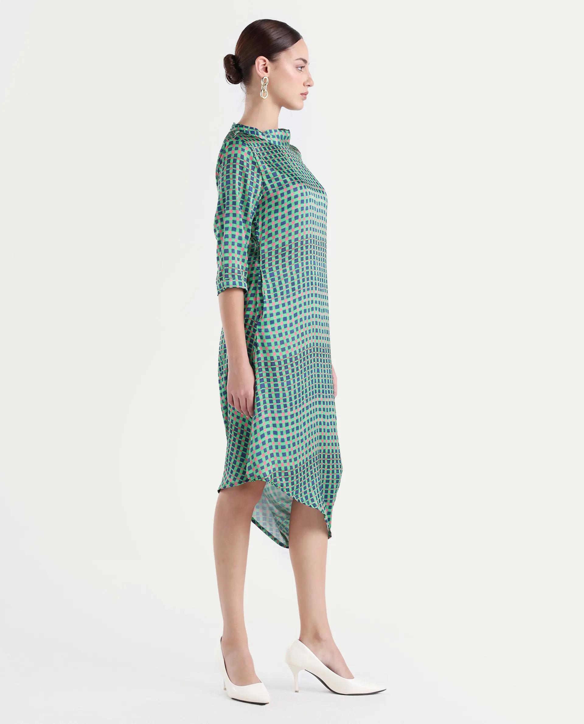 Rareism Women's Gleam Green Polyester High Neck Geometric Print Knee Length Regular Fit Dress - Image 5