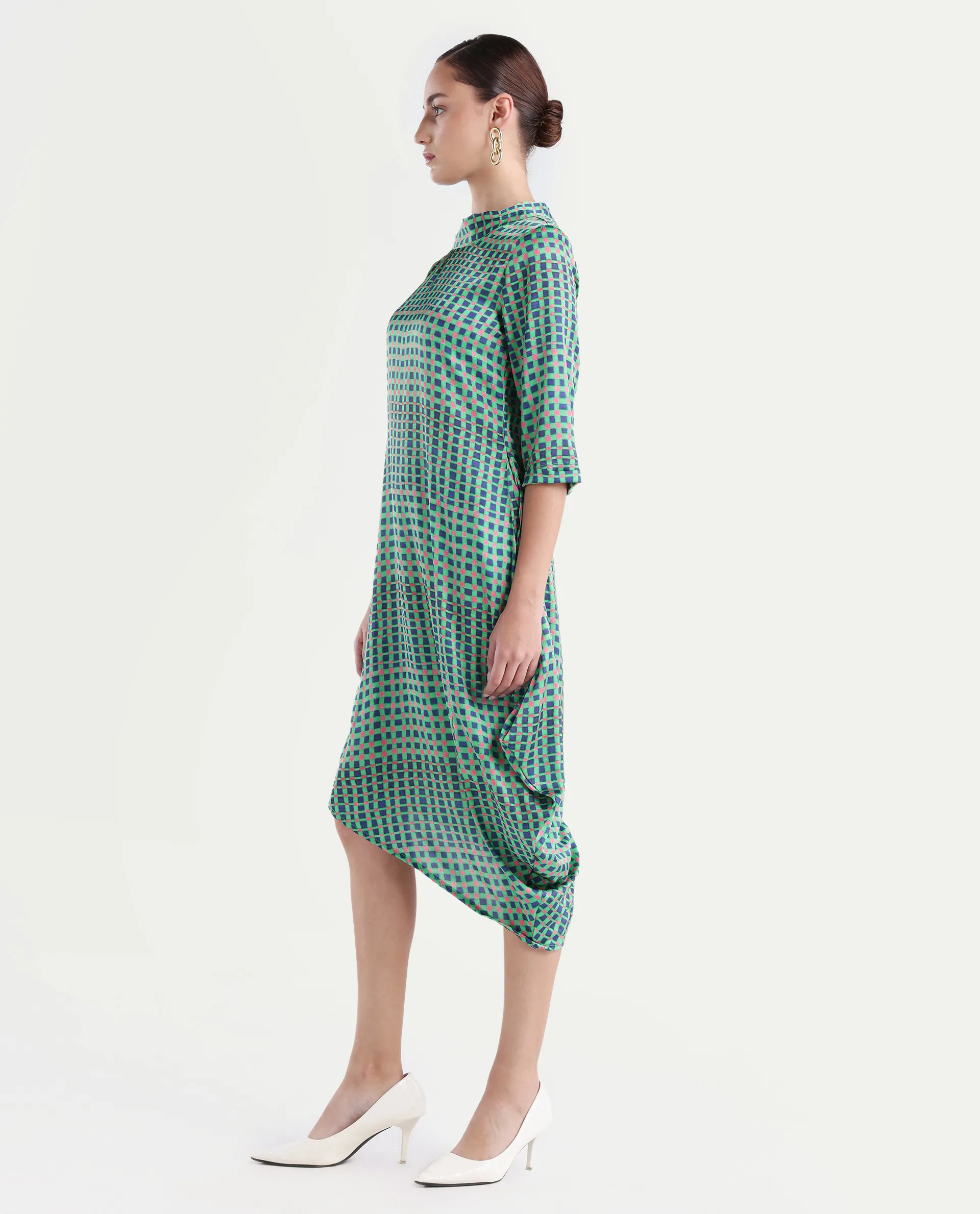 Rareism Women's Gleam Green Polyester High Neck Geometric Print Knee Length Regular Fit Dress - Image 6