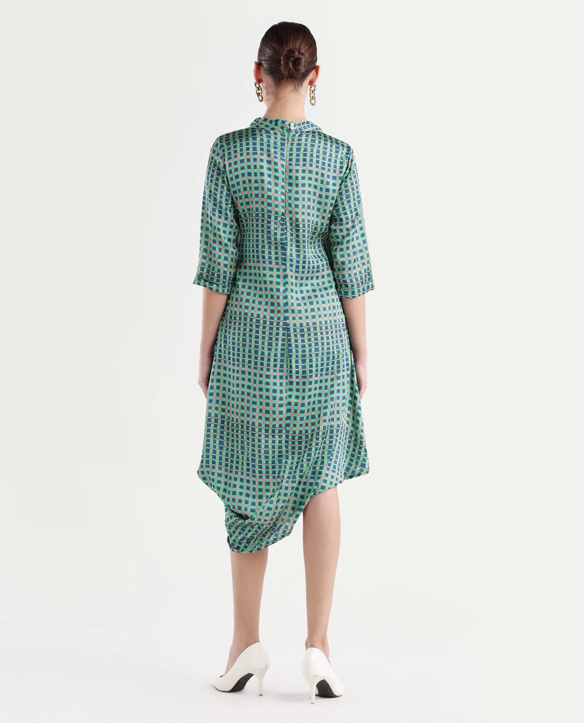 Rareism Women's Gleam Green Polyester High Neck Geometric Print Knee Length Regular Fit Dress - Image 7