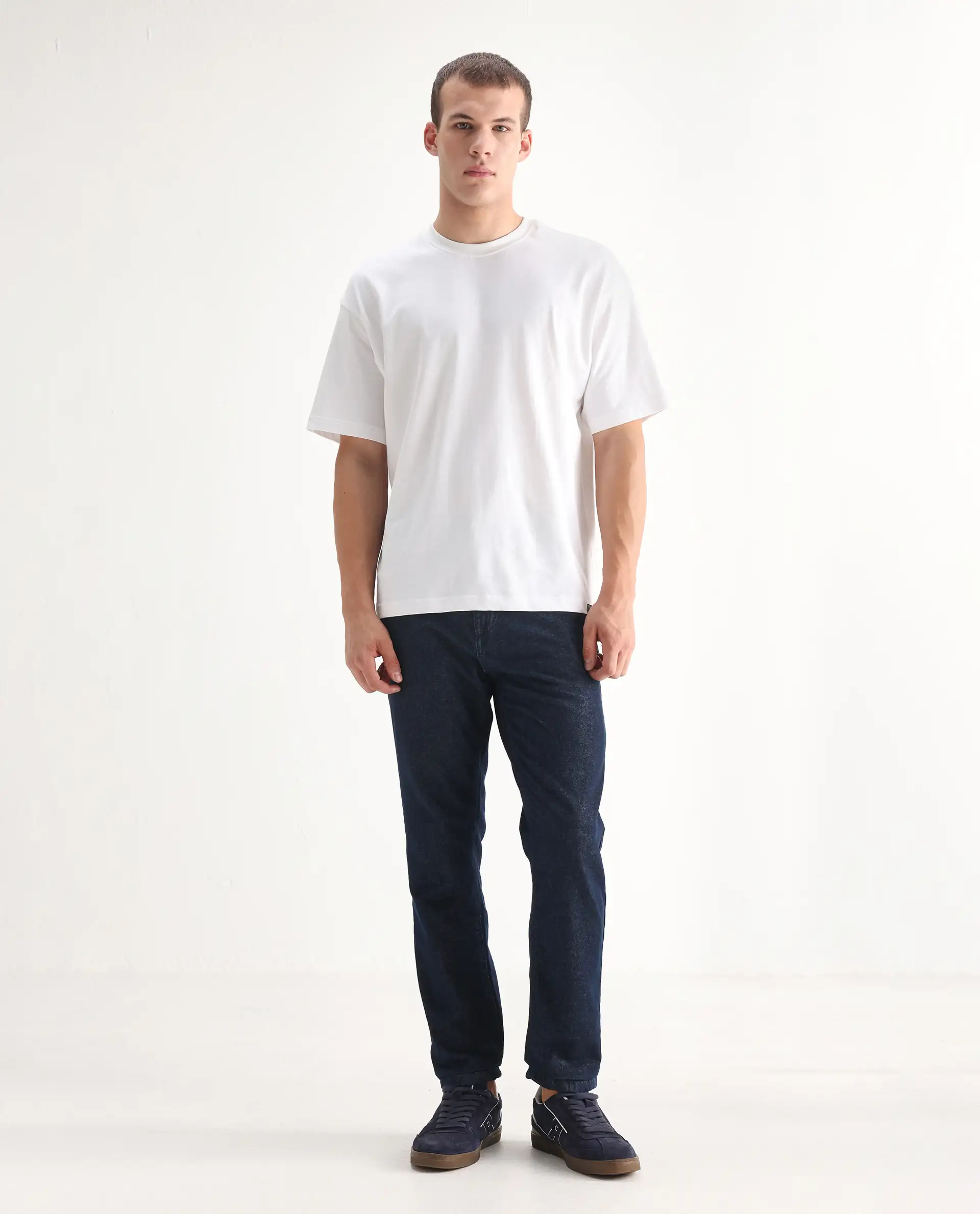Rare Rabbit Men's Gleb Dark Blue Cotton Plain Kurt Carrot Fit Jeans - Image 10
