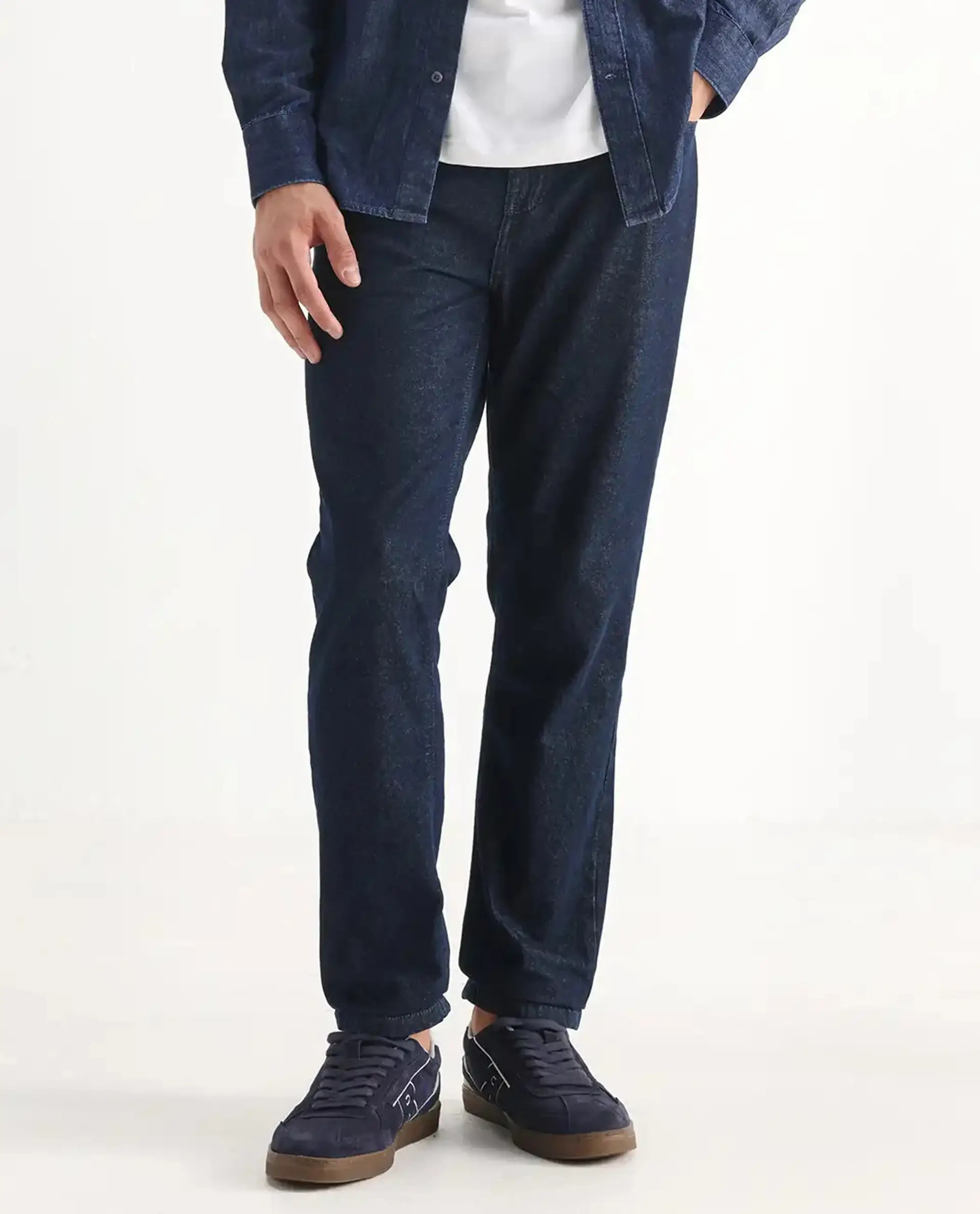 Rare Rabbit Men's Gleb Dark Blue Cotton Plain Kurt Carrot Fit Jeans - Image 11