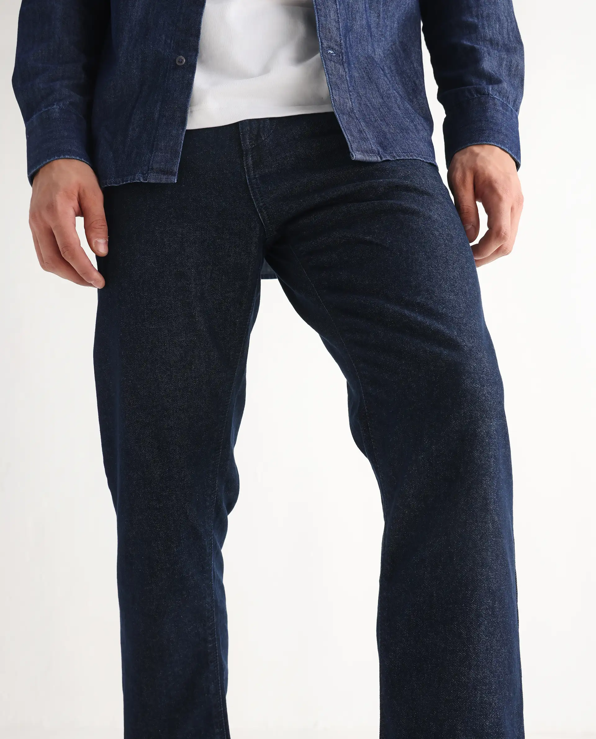 Rare Rabbit Men's Gleb Dark Blue Cotton Plain Kurt Carrot Fit Jeans - Image 3