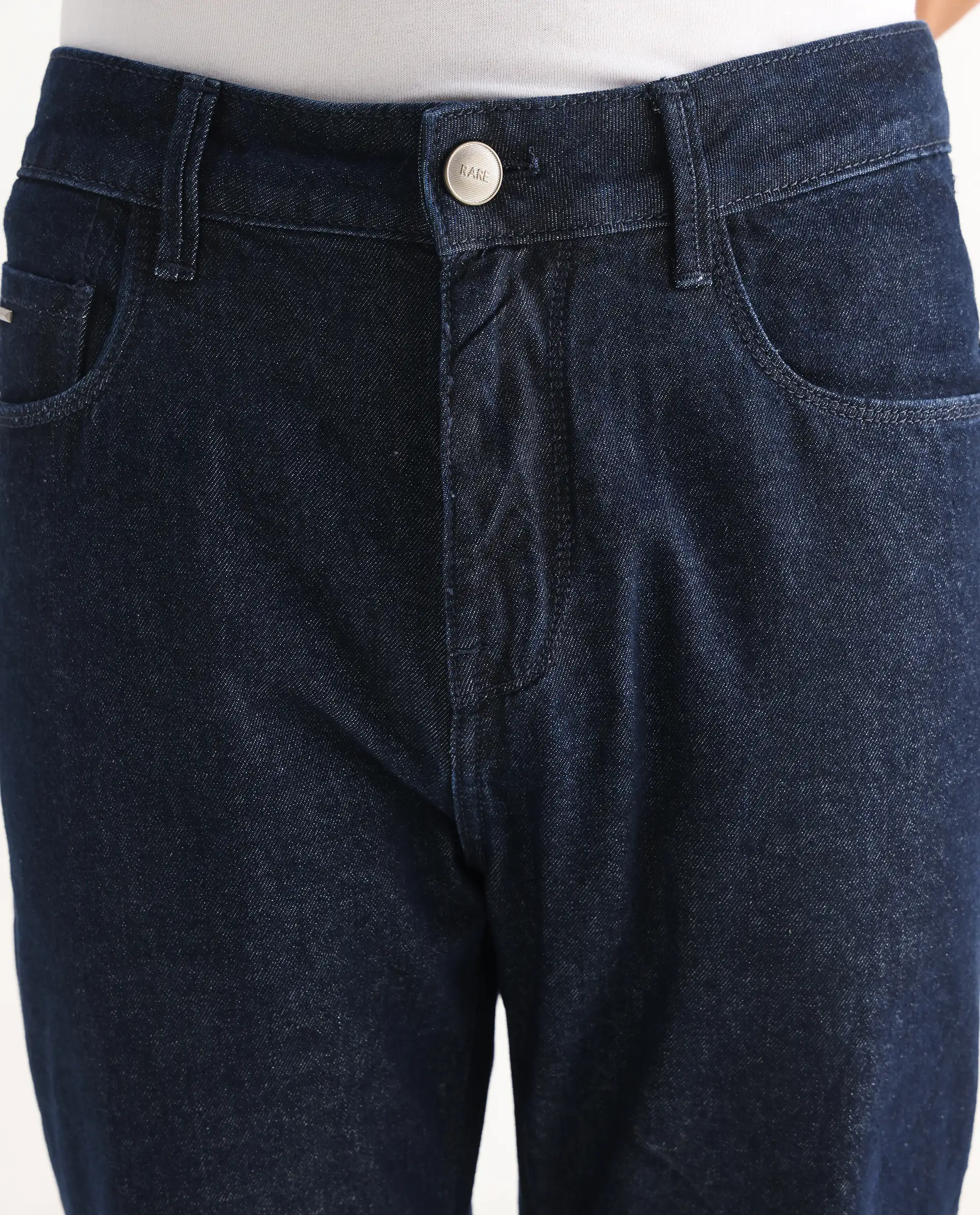 Rare Rabbit Men's Gleb Dark Blue Cotton Plain Kurt Carrot Fit Jeans - Image 6