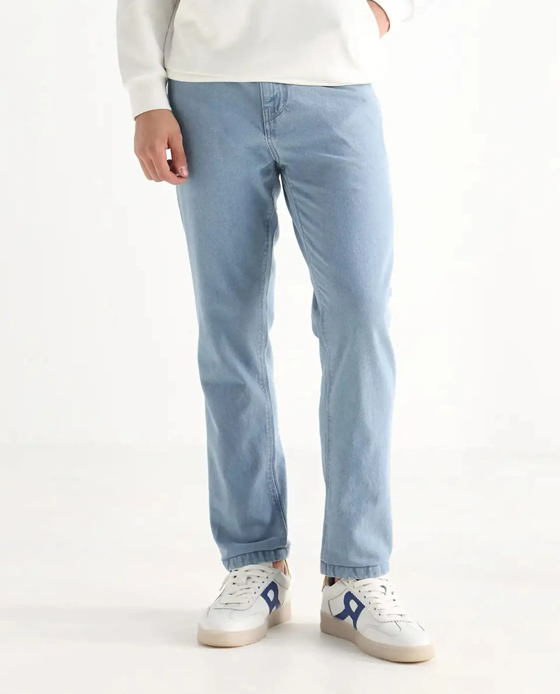 Rare Rabbit Men's Gleb Light Blue Cotton Plain Kurt Carrot Fit Jeans - Image 10