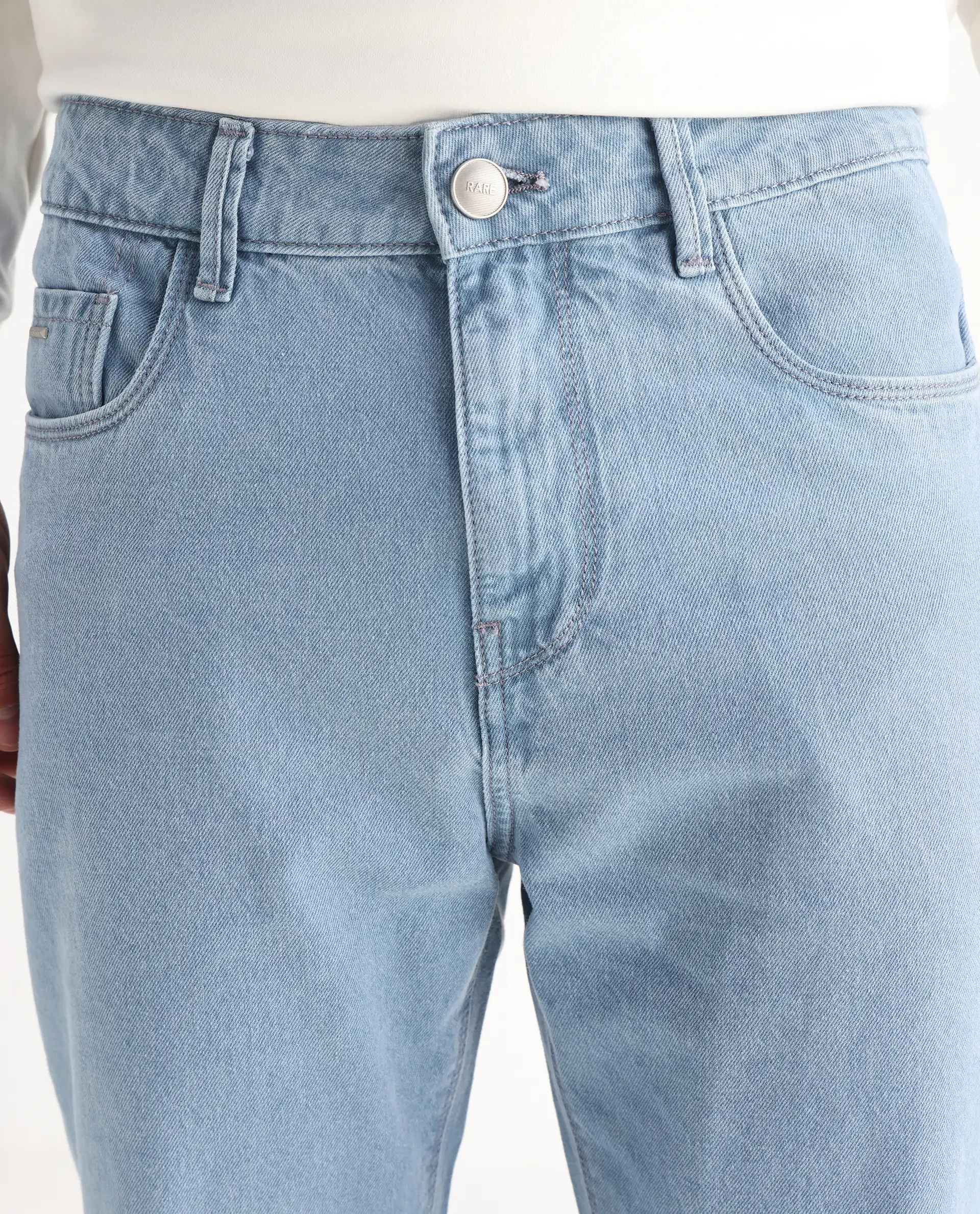 Rare Rabbit Men's Gleb Light Blue Cotton Plain Kurt Carrot Fit Jeans - Image 7