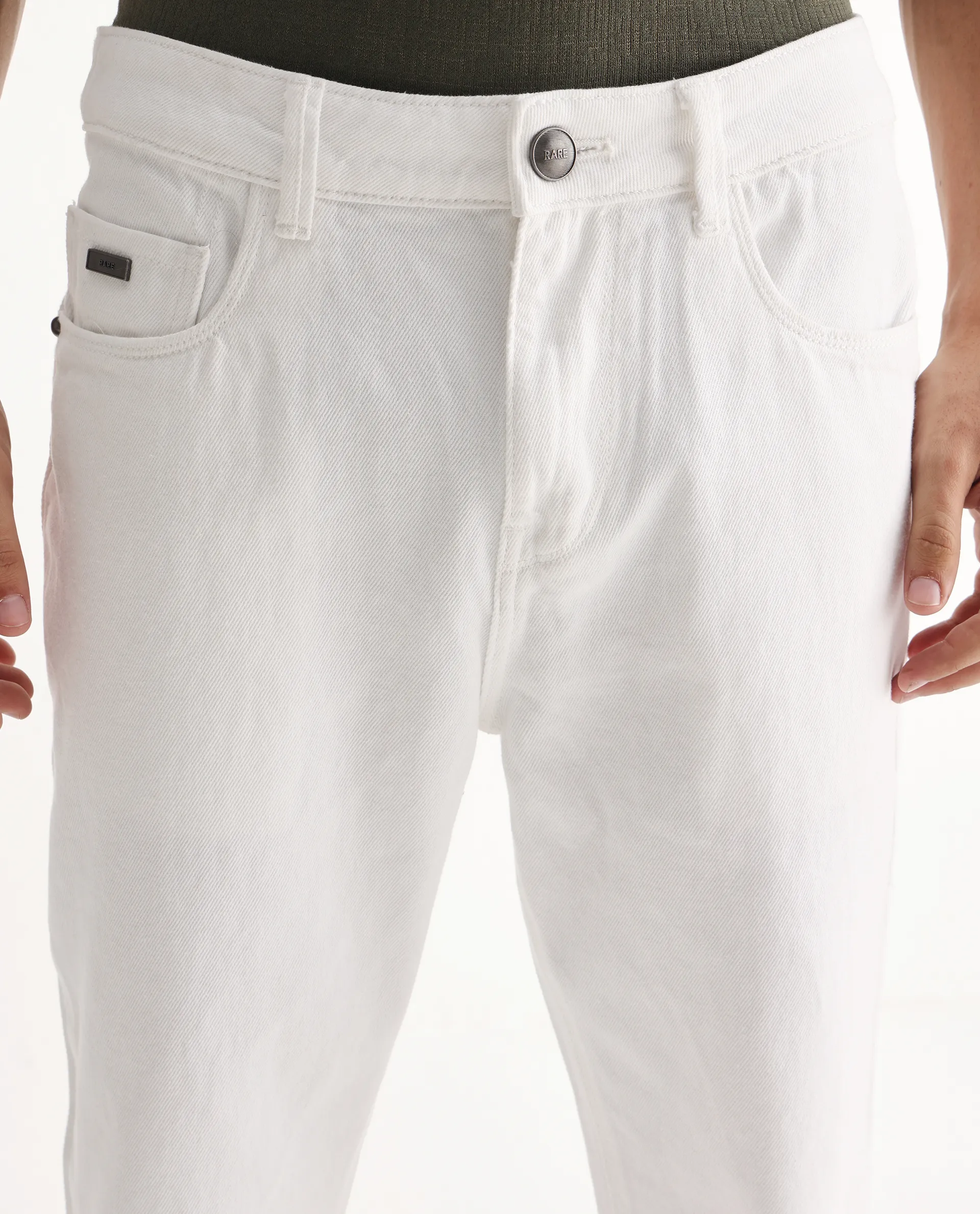 Rare Rabbit Men's Gleb White Cotton Plain Kurt Carrot Fit Jeans - Image 4