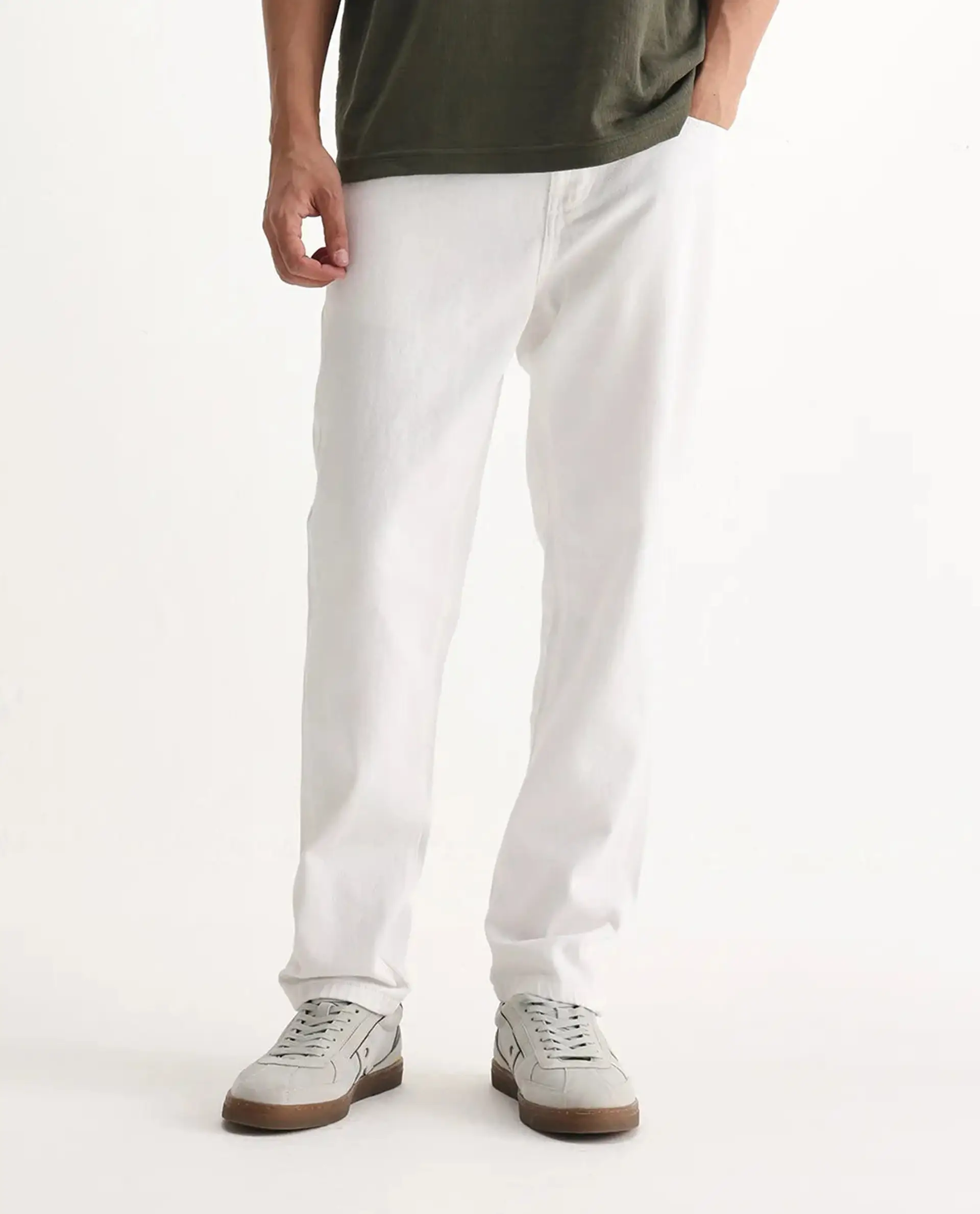 Rare Rabbit Men's Gleb White Cotton Plain Kurt Carrot Fit Jeans - Image 9