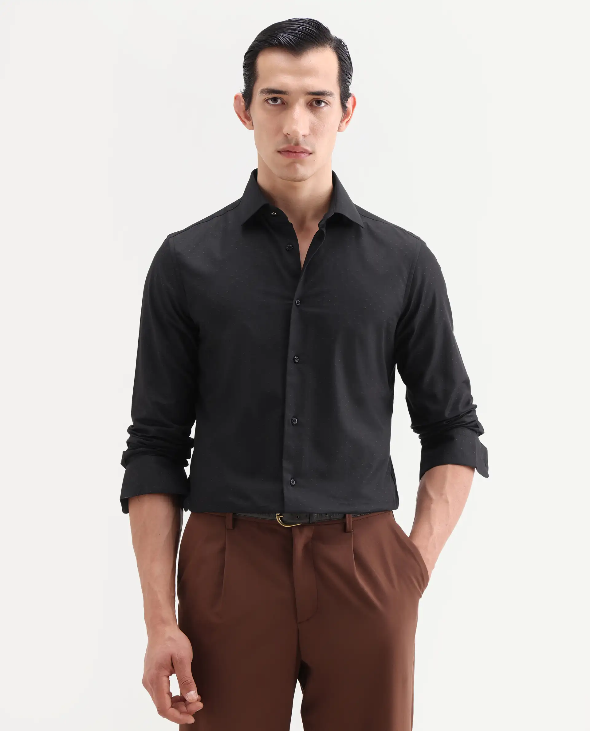 Rare Rabbit Men's Glent Black Cotton Full Sleeve Spread Collar Regular Fit Jacquard Shirt - Image 4