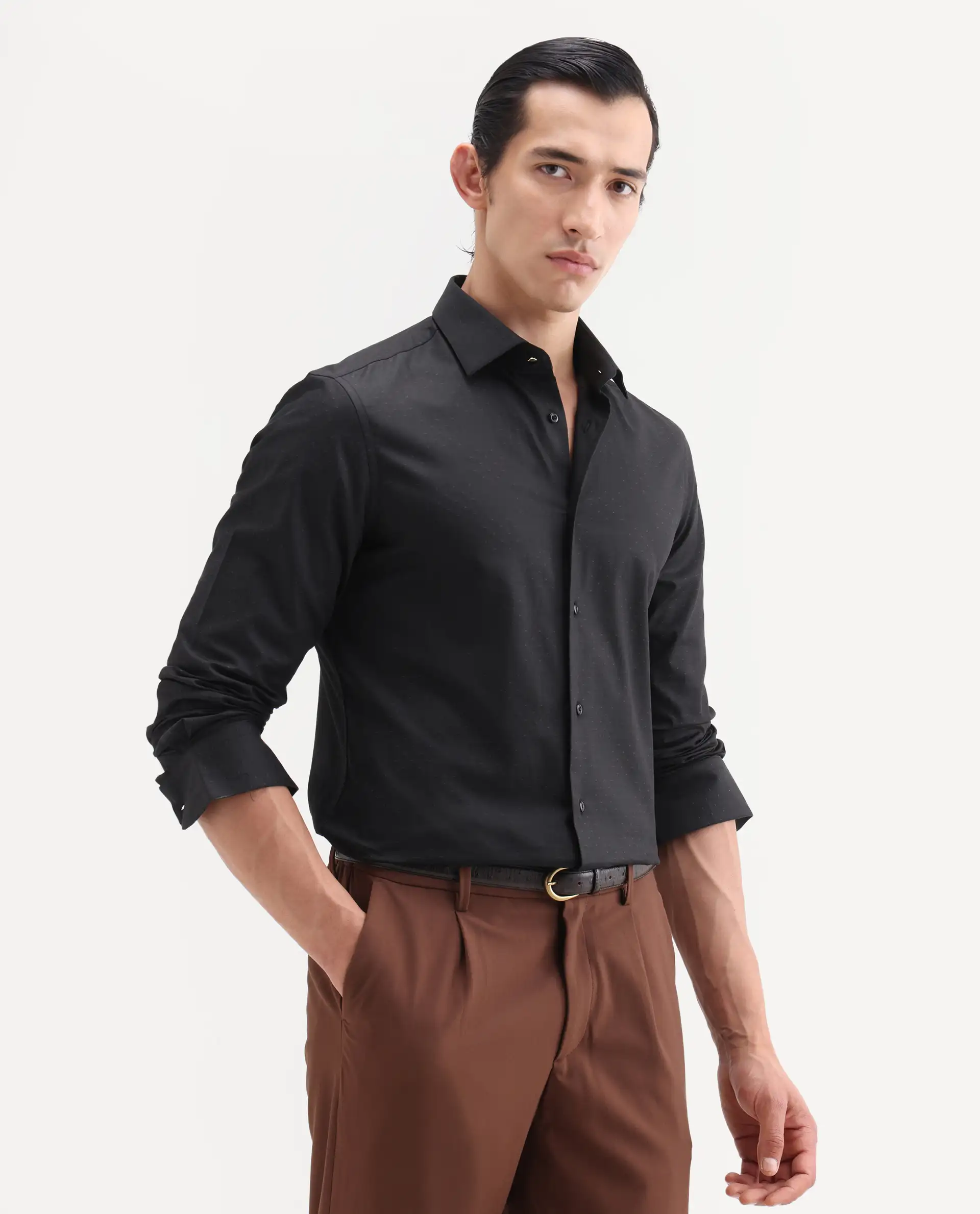 Rare Rabbit Men's Glent Black Cotton Full Sleeve Spread Collar Regular Fit Jacquard Shirt - Image 5