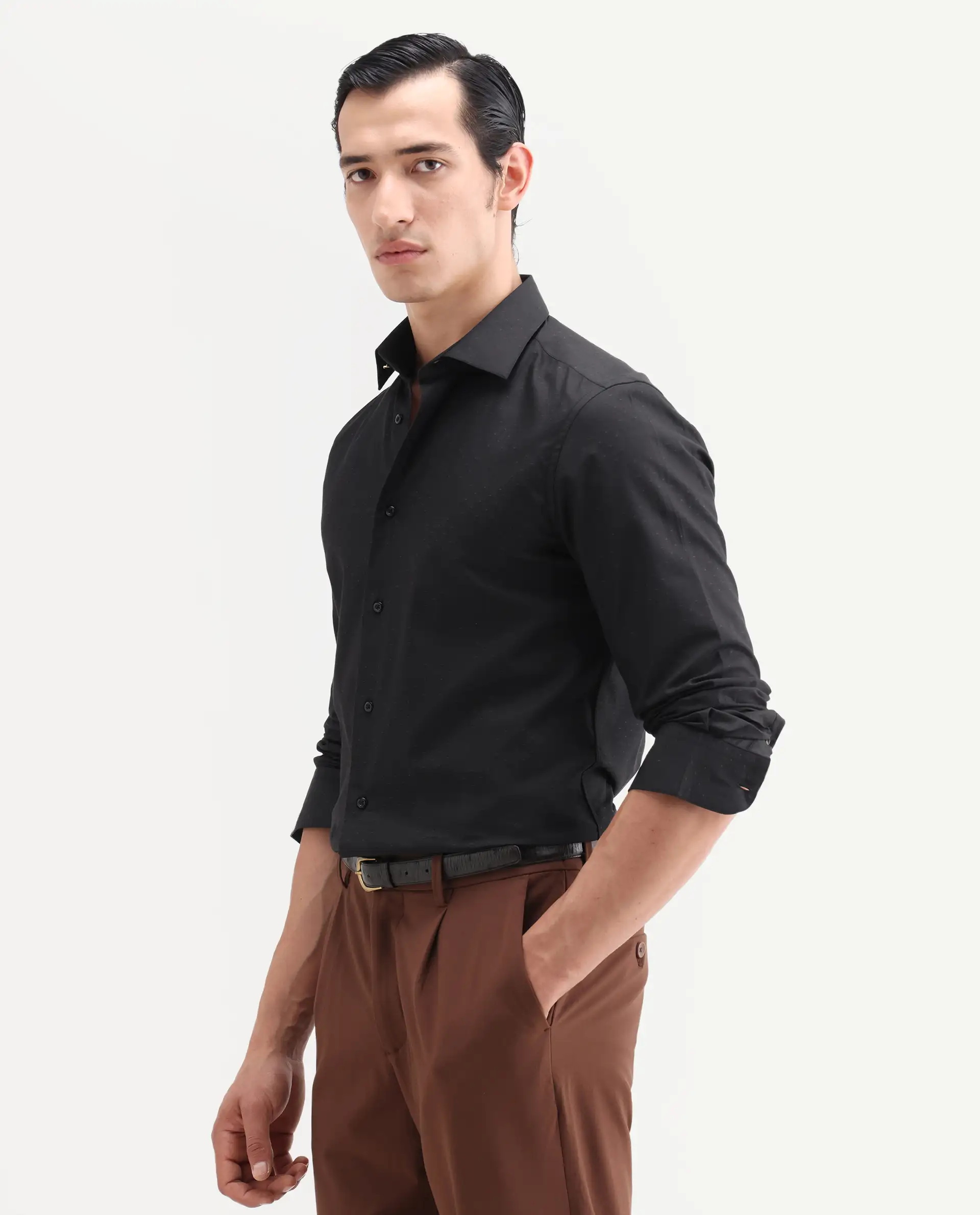 Rare Rabbit Men's Glent Black Cotton Full Sleeve Spread Collar Regular Fit Jacquard Shirt - Image 6