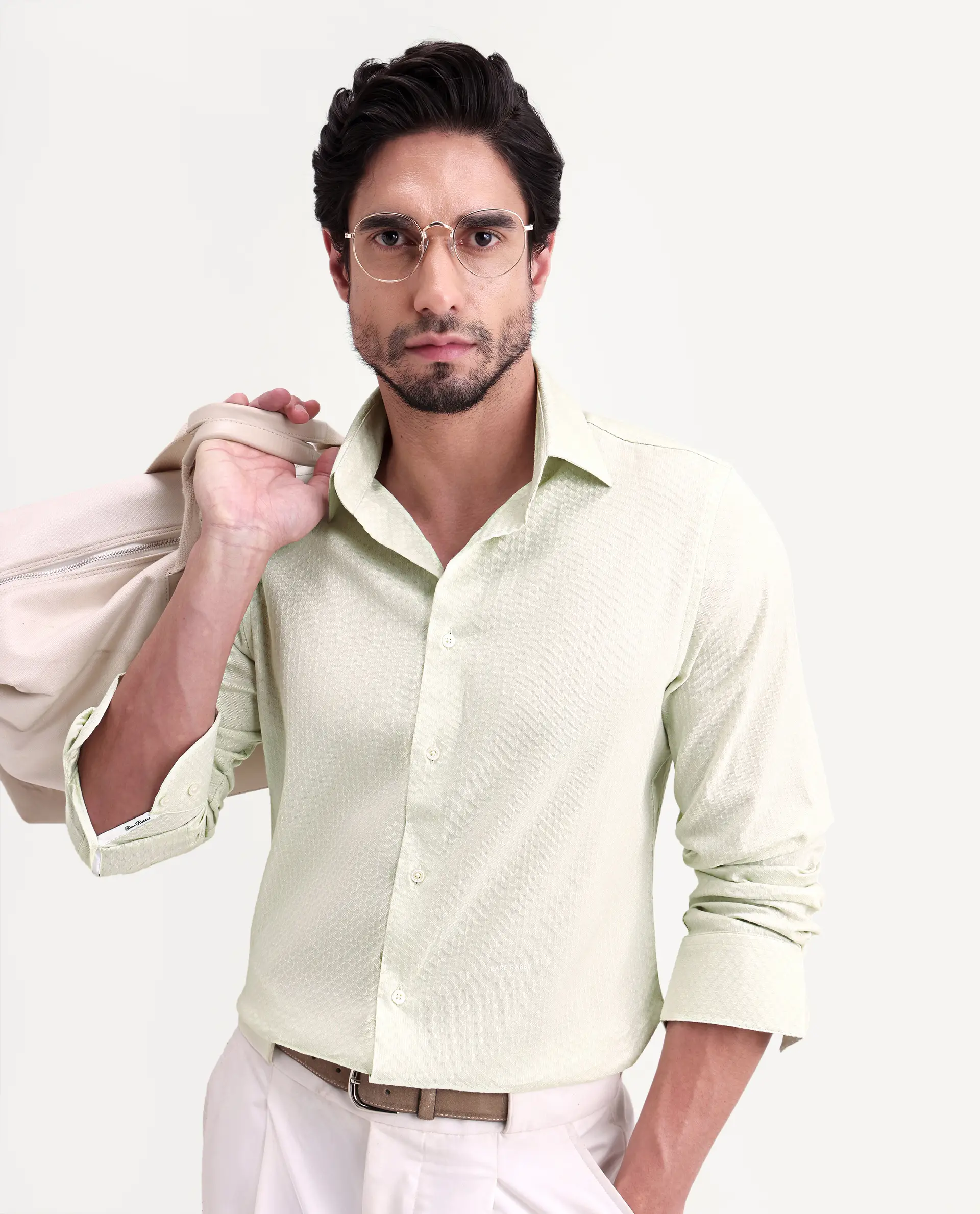 Rare Rabbit Men's Gleny-26 Pastel Green Cotton Blend Fabric Full Sleeve Collared Regular Fit Textured Shirt