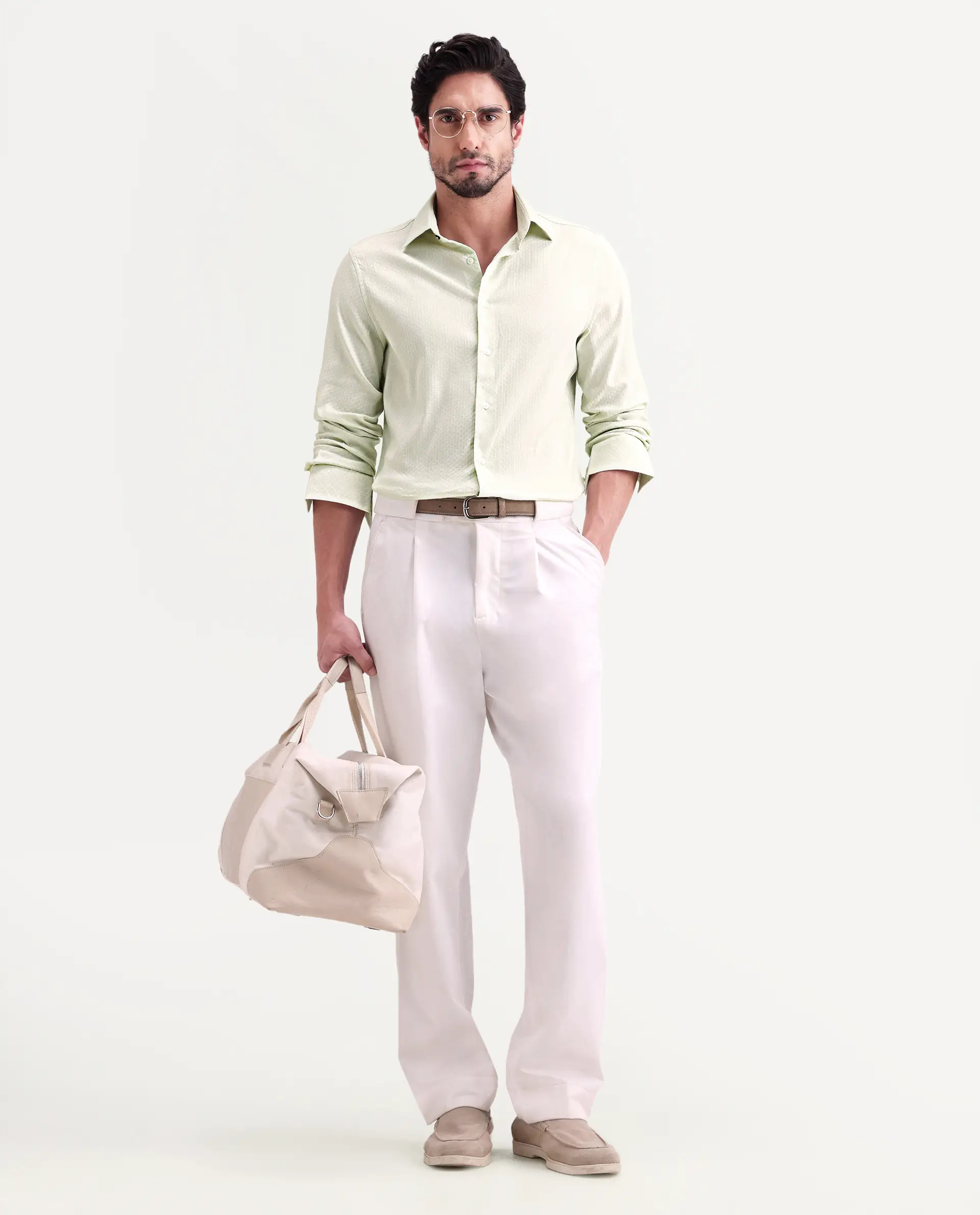 Rare Rabbit Men's Gleny-26 Pastel Green Cotton Blend Fabric Full Sleeve Collared Regular Fit Textured Shirt - Image 2
