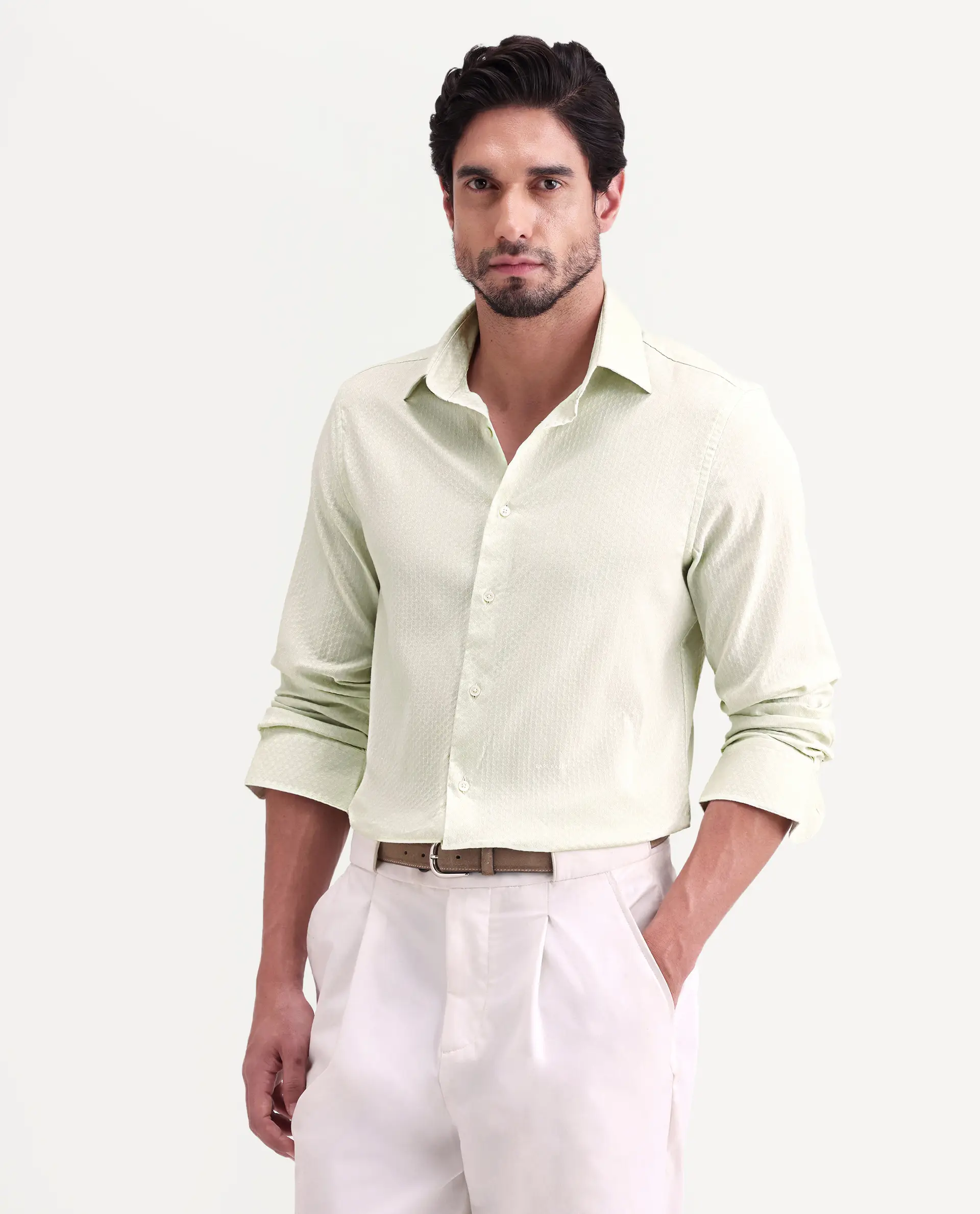 Rare Rabbit Men's Gleny-26 Pastel Green Cotton Blend Fabric Full Sleeve Collared Regular Fit Textured Shirt - Image 4