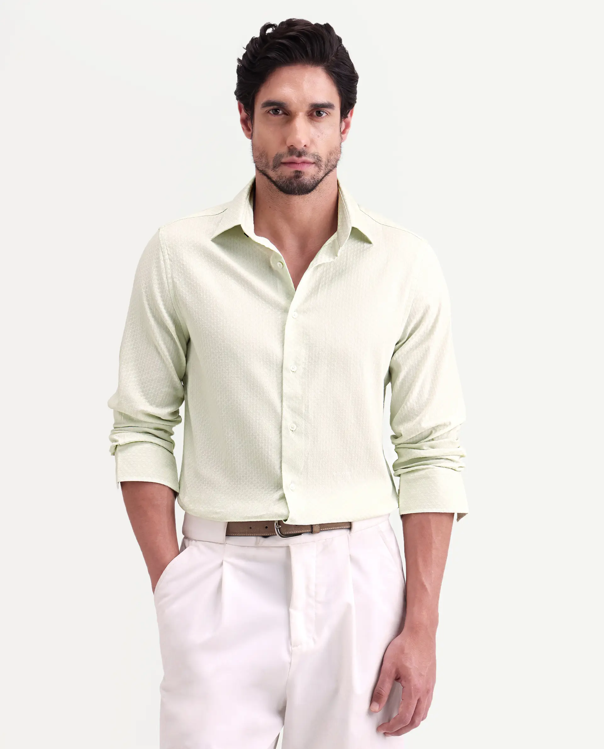 Rare Rabbit Men's Gleny-26 Pastel Green Cotton Blend Fabric Full Sleeve Collared Regular Fit Textured Shirt - Image 5