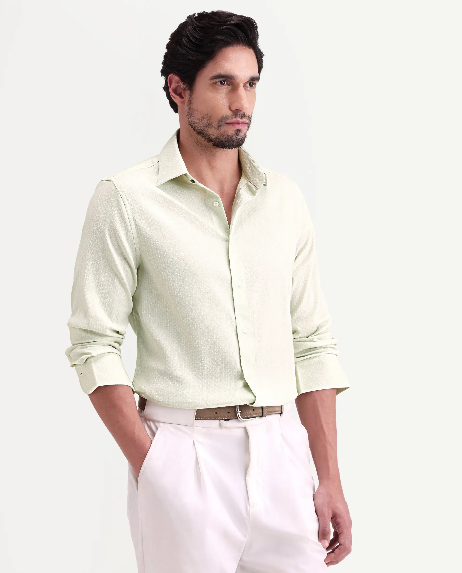 Rare Rabbit Men's Gleny-26 Pastel Green Cotton Blend Fabric Full Sleeve Collared Regular Fit Textured Shirt - Image 6