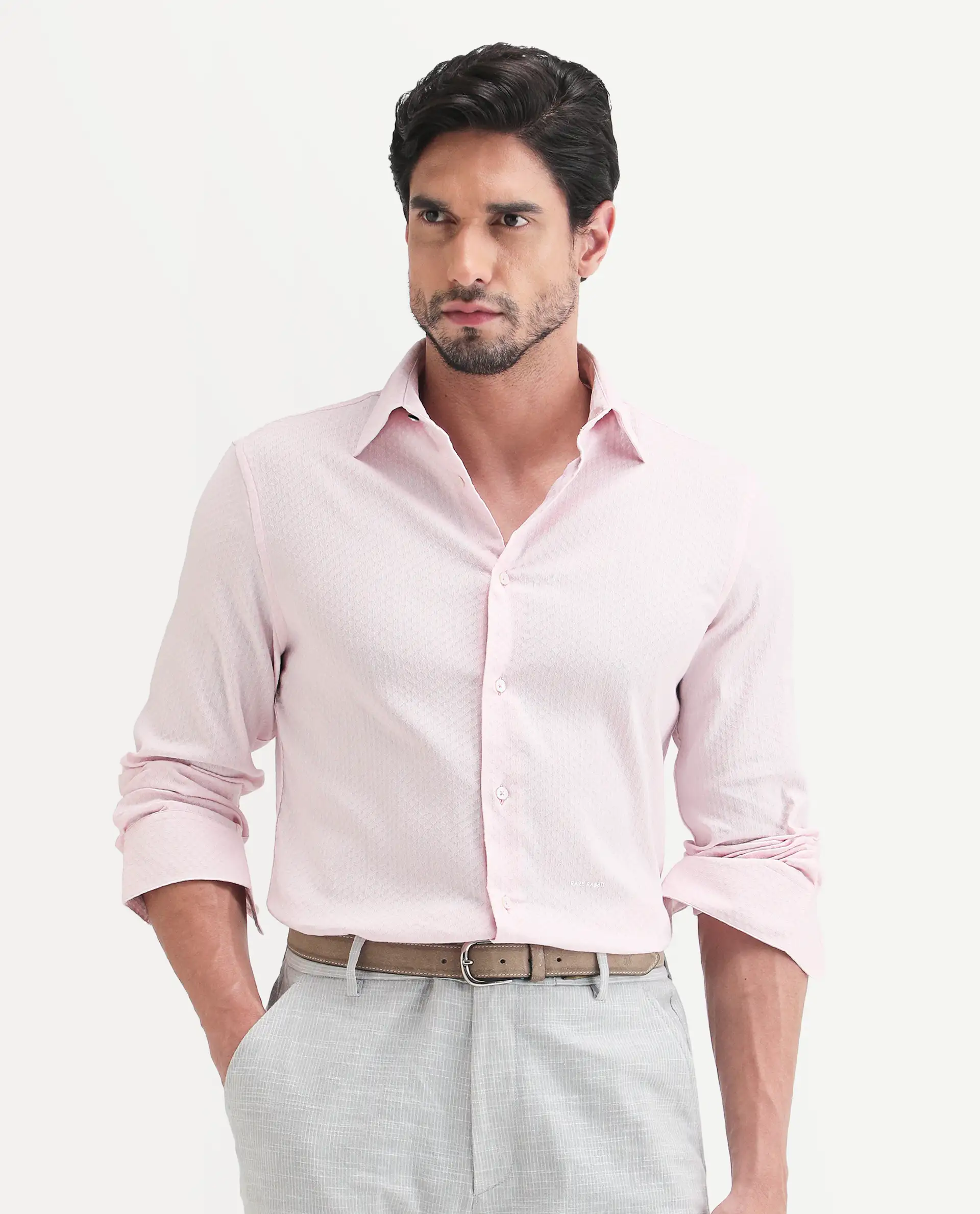 Rare Rabbit Men's Gleny-26 Pastel Pink Cotton Blend Fabric Full Sleeve Collared Regular Fit Textured Shirt