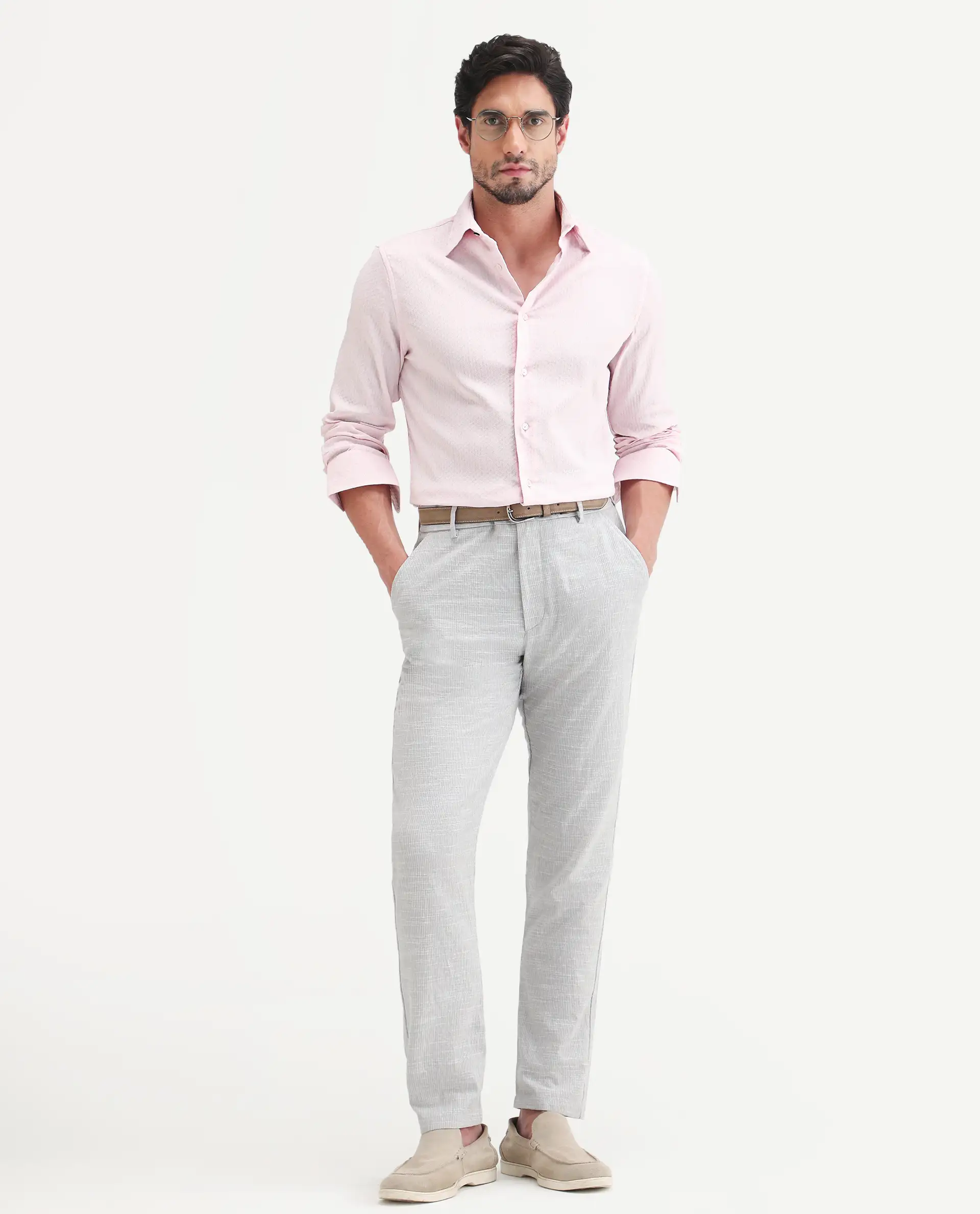 Rare Rabbit Men's Gleny-26 Pastel Pink Cotton Blend Fabric Full Sleeve Collared Regular Fit Textured Shirt - Image 2