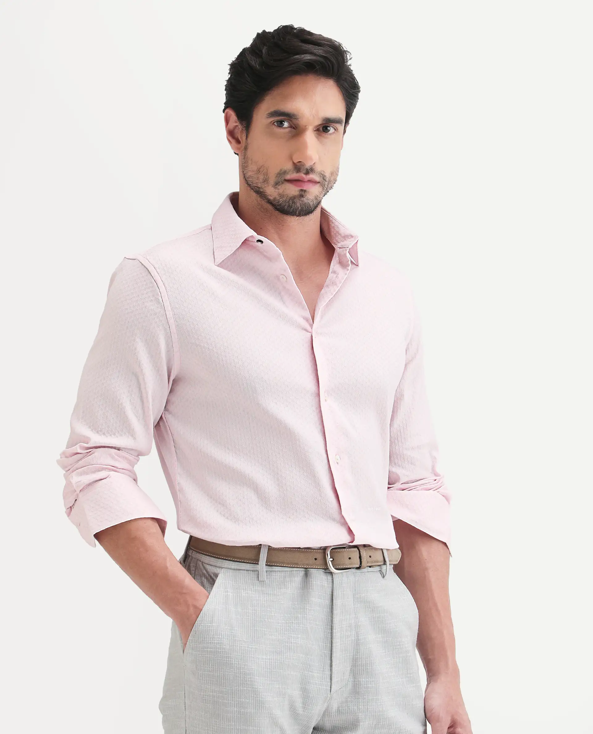 Rare Rabbit Men's Gleny-26 Pastel Pink Cotton Blend Fabric Full Sleeve Collared Regular Fit Textured Shirt - Image 4