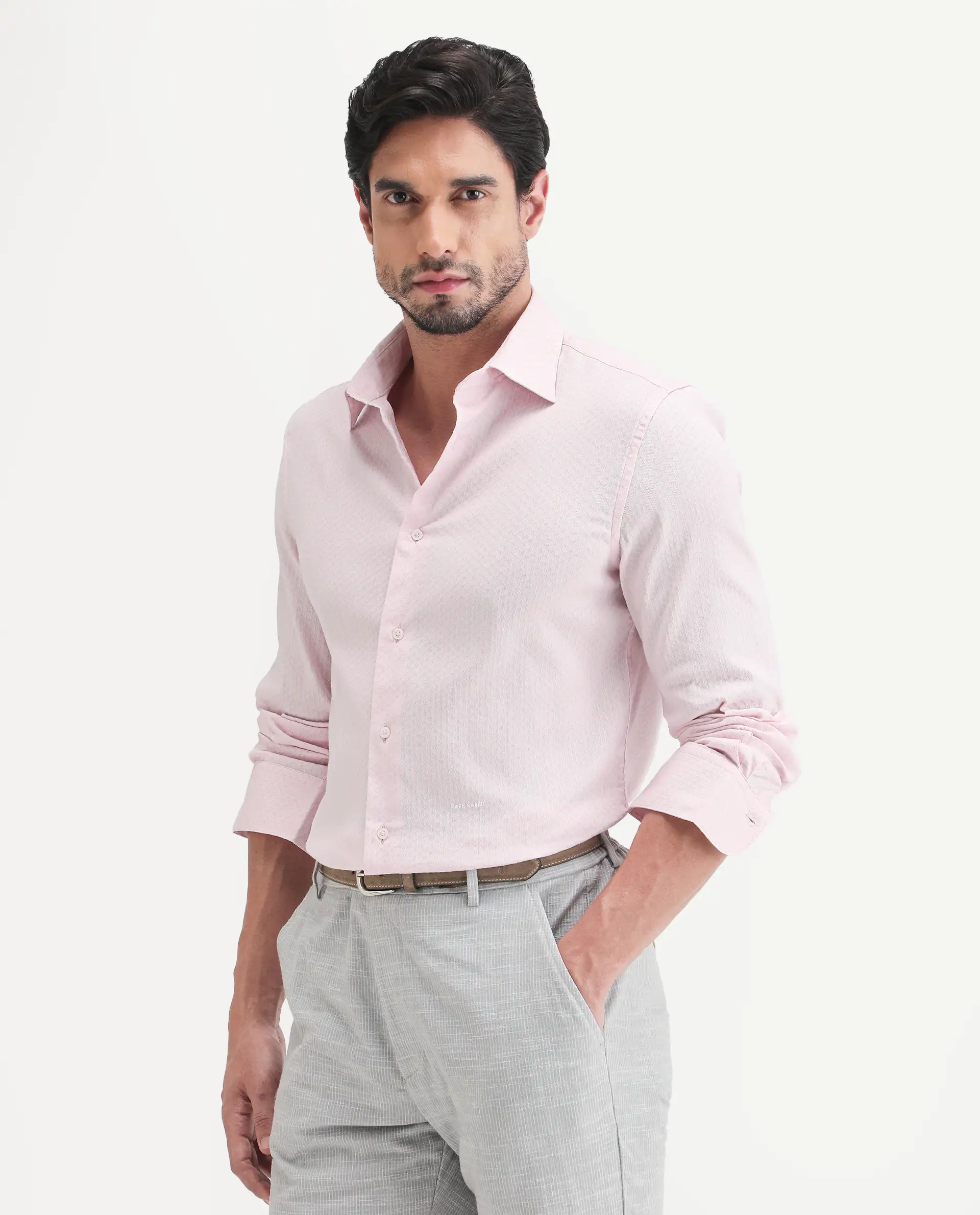 Rare Rabbit Men's Gleny-26 Pastel Pink Cotton Blend Fabric Full Sleeve Collared Regular Fit Textured Shirt - Image 5