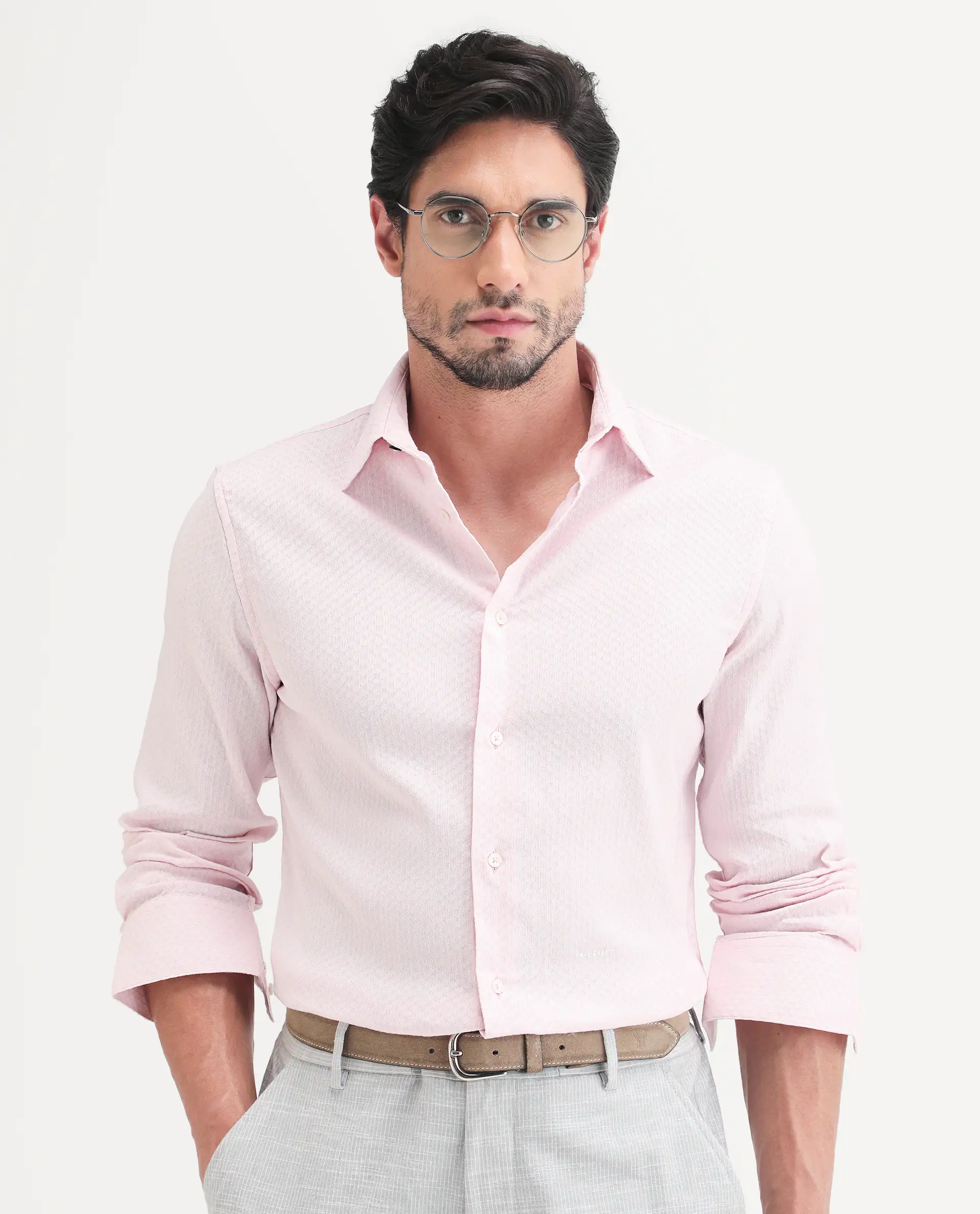Rare Rabbit Men's Gleny-26 Pastel Pink Cotton Blend Fabric Full Sleeve Collared Regular Fit Textured Shirt - Image 6