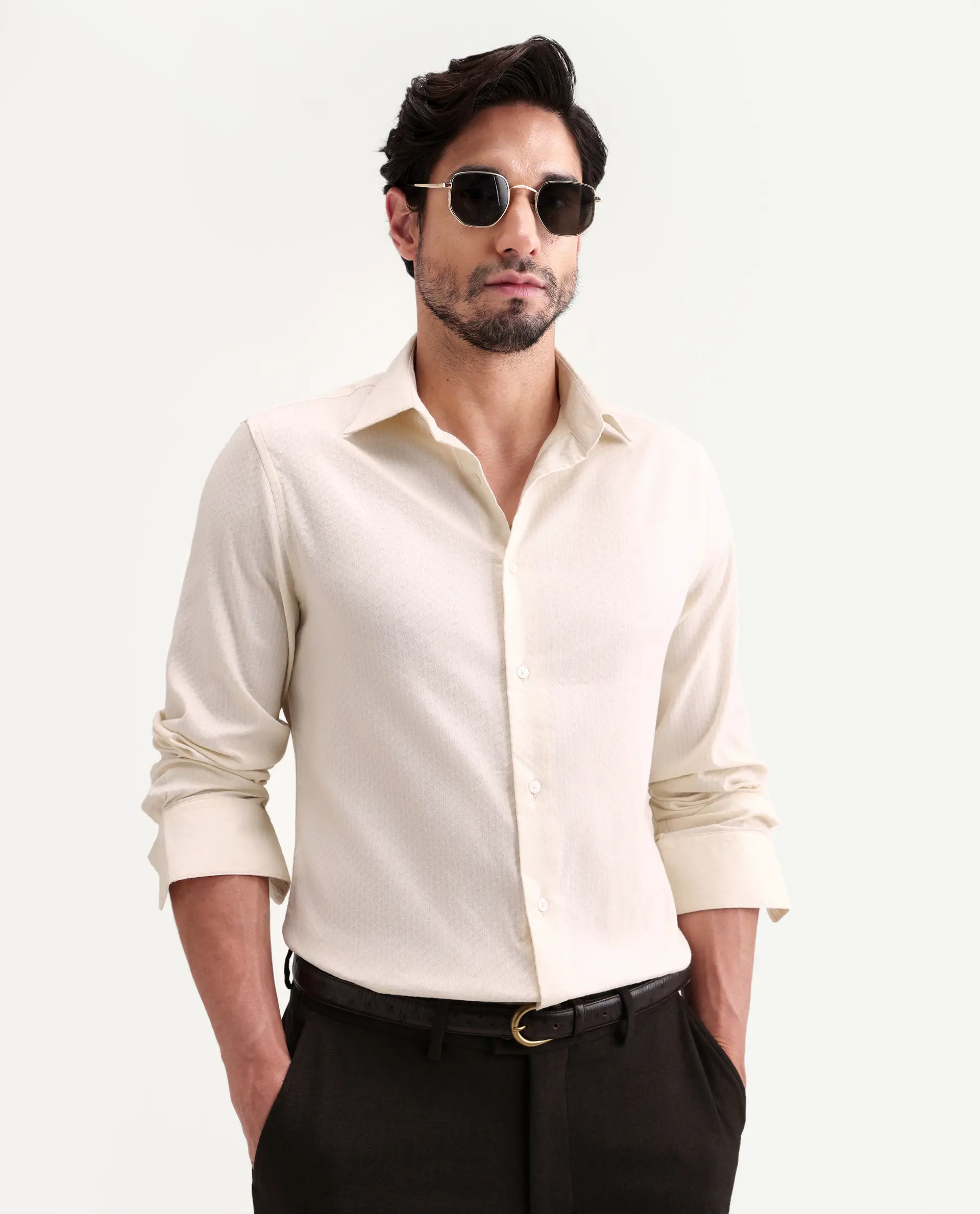 Rare Rabbit Men's Gleny-26 Pastel Yellow Cotton Blend Fabric Full Sleeve Collared Regular Fit Textured Shirt