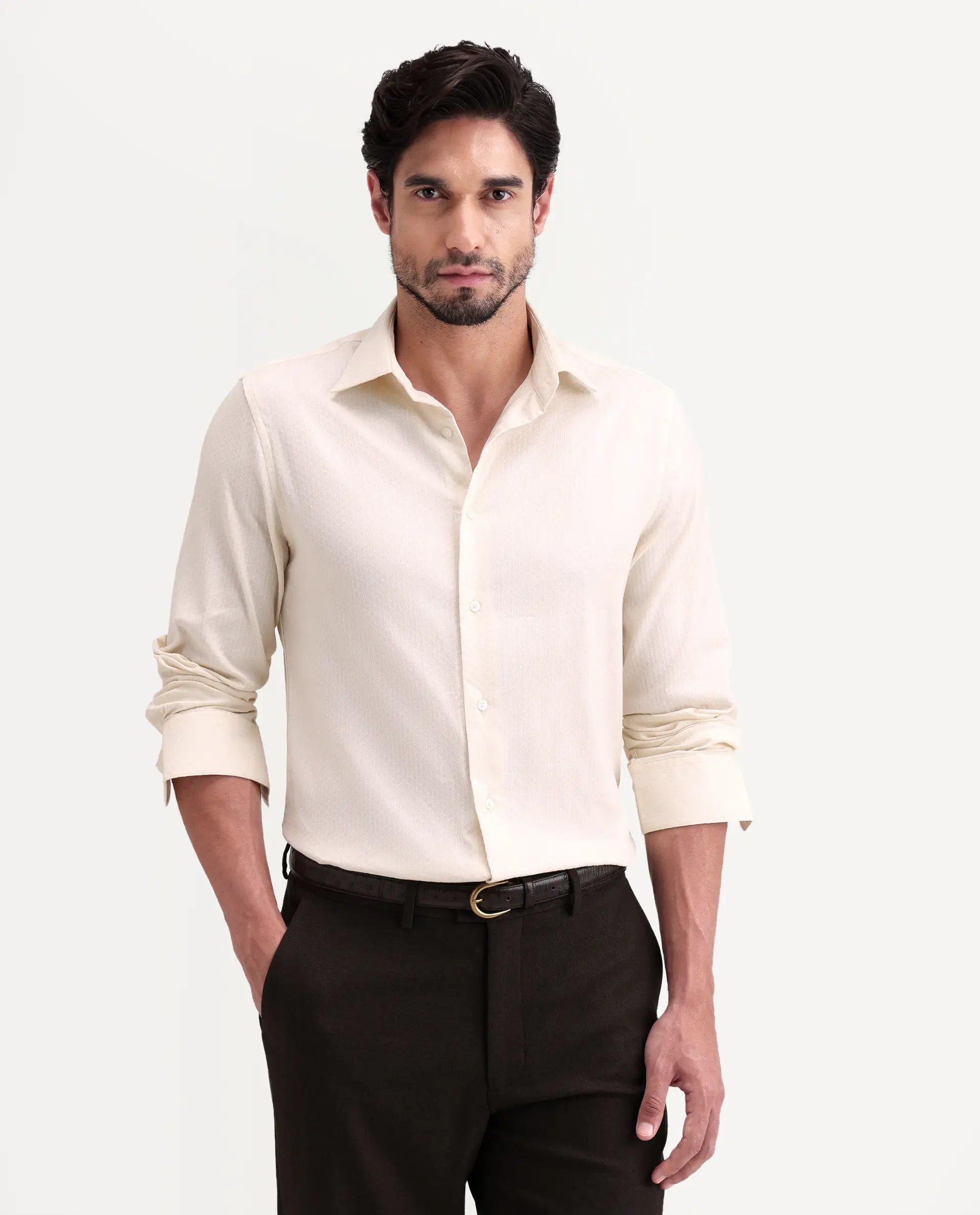 Rare Rabbit Men's Gleny-26 Pastel Yellow Cotton Blend Fabric Full Sleeve Collared Regular Fit Textured Shirt - Image 4