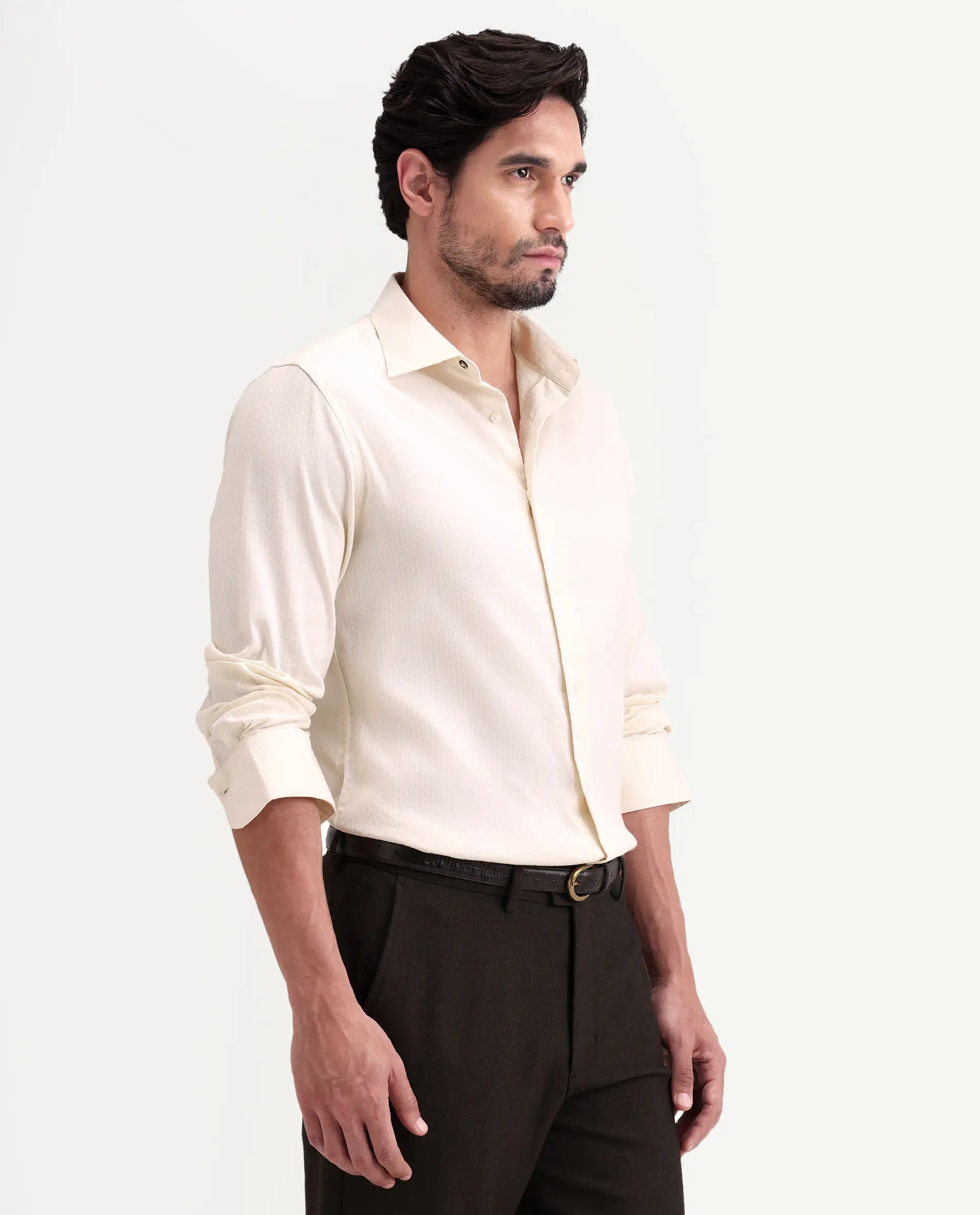 Rare Rabbit Men's Gleny-26 Pastel Yellow Cotton Blend Fabric Full Sleeve Collared Regular Fit Textured Shirt - Image 5