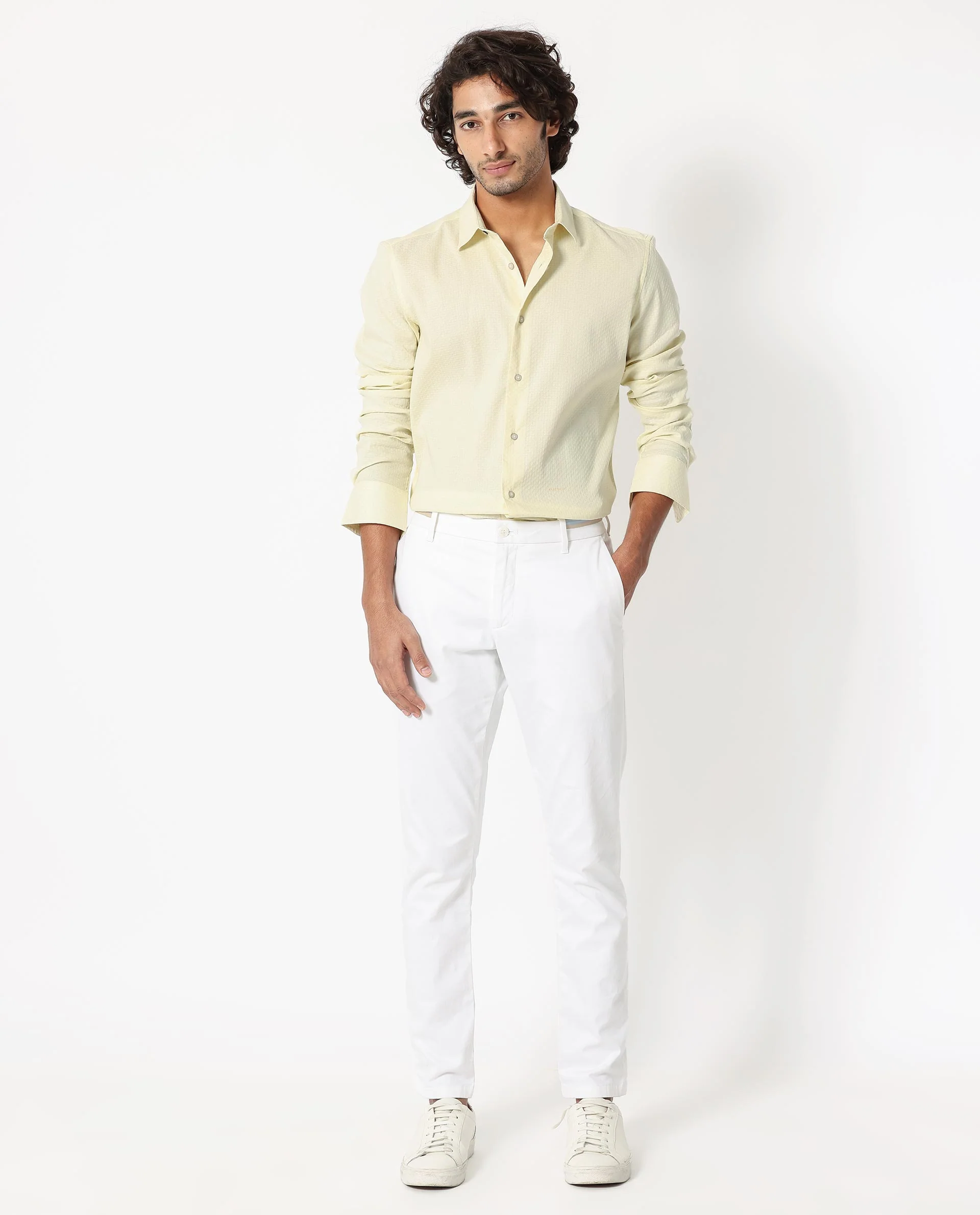 Rare Rabbit Men's Gleny Yellow Cotton Plain Tailored Fit Full Sleeve Collared Shirt - Image 2