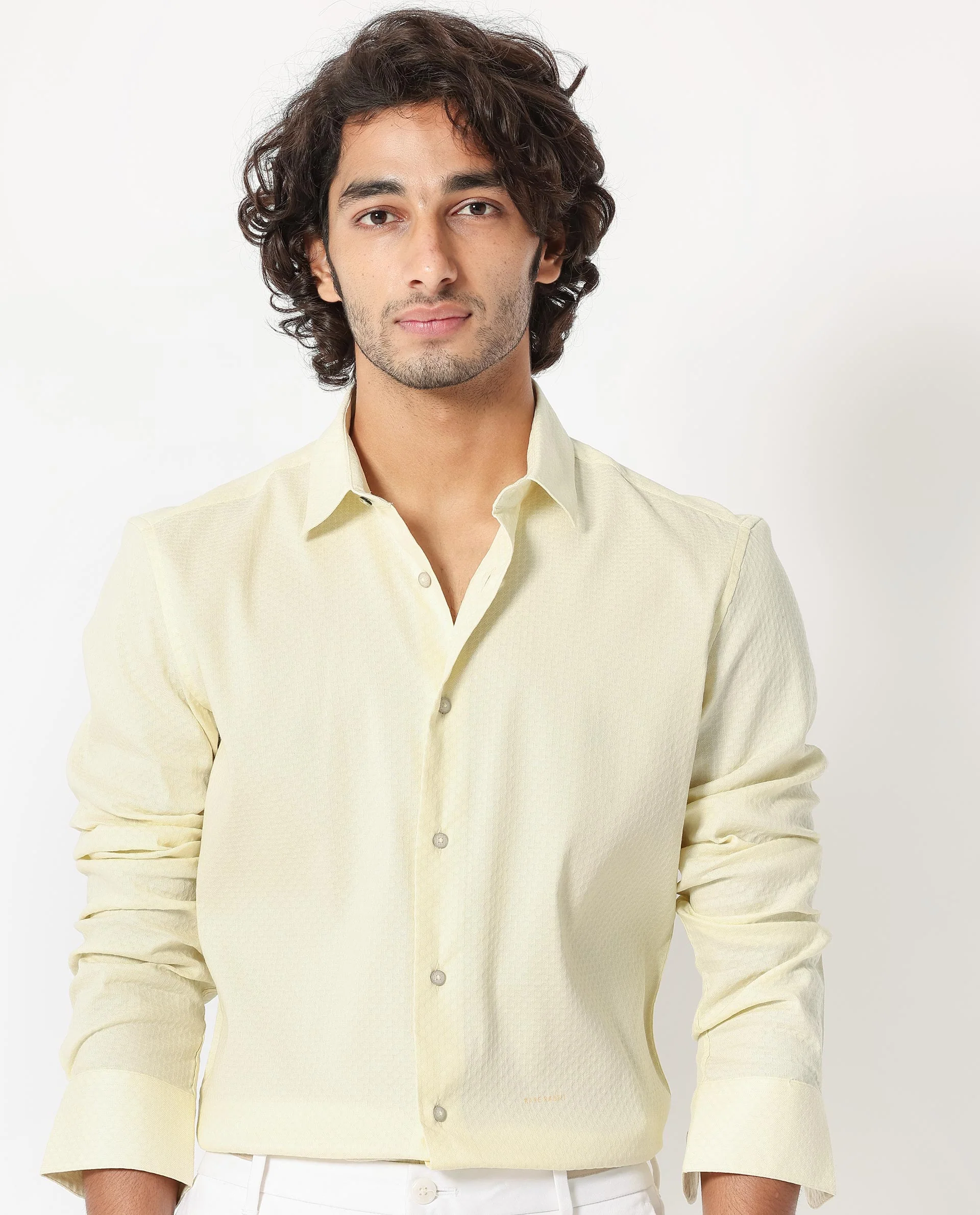 Rare Rabbit Men's Gleny Yellow Cotton Plain Tailored Fit Full Sleeve Collared Shirt - Image 3