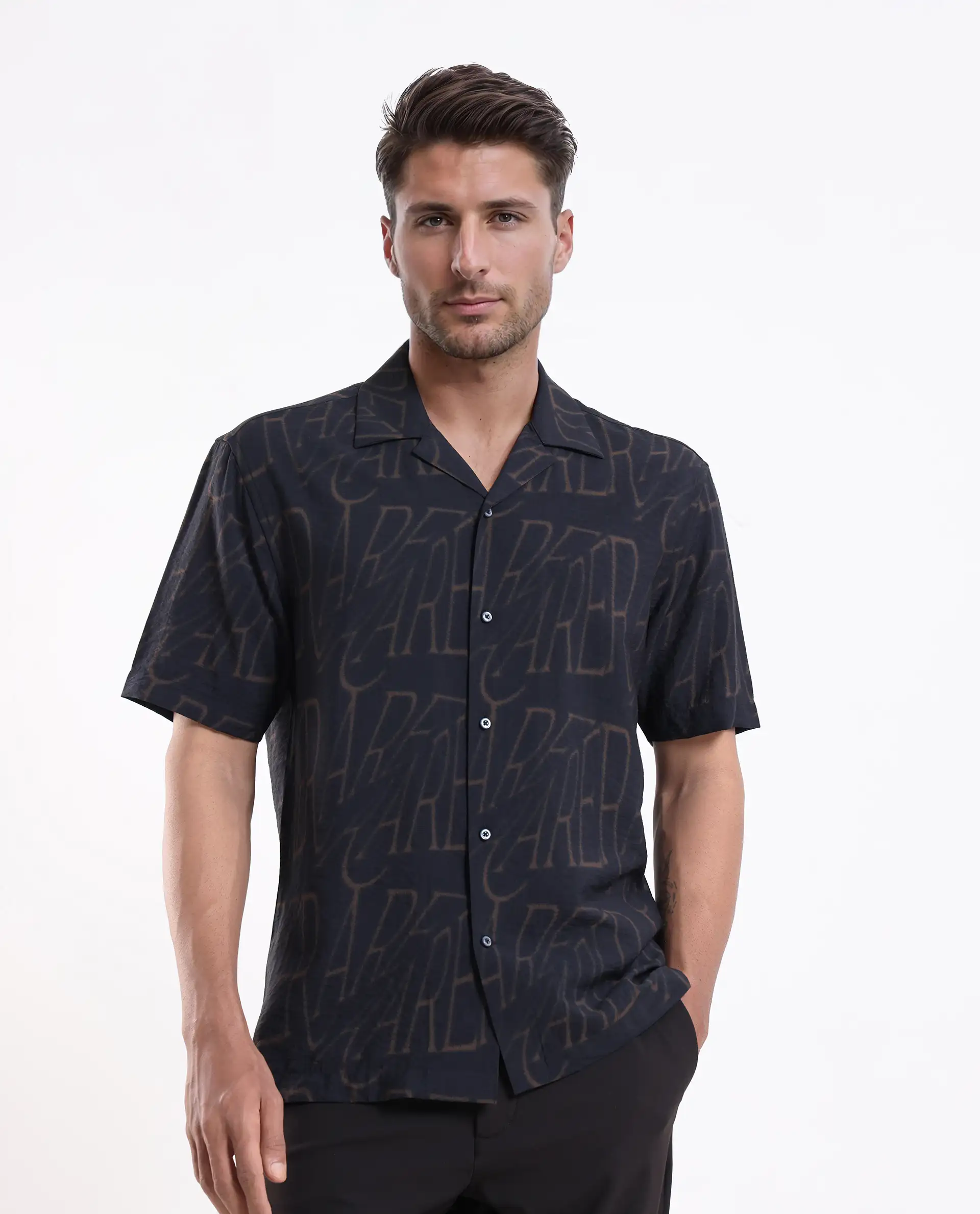 Rare Rabbit Men's Gless Grey Viscose Blend Fabric Half Sleeve Spread Collar Monogram Print Shirt