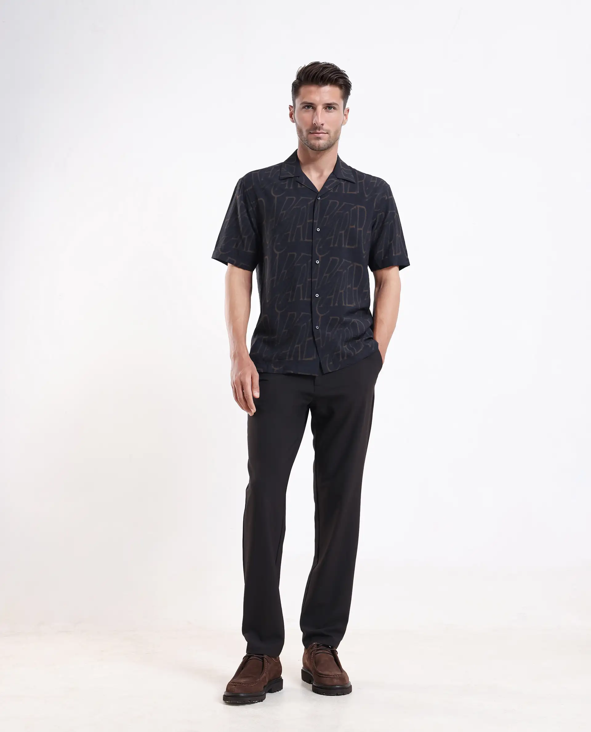 Rare Rabbit Men's Gless Grey Viscose Blend Fabric Half Sleeve Spread Collar Monogram Print Shirt - Image 2