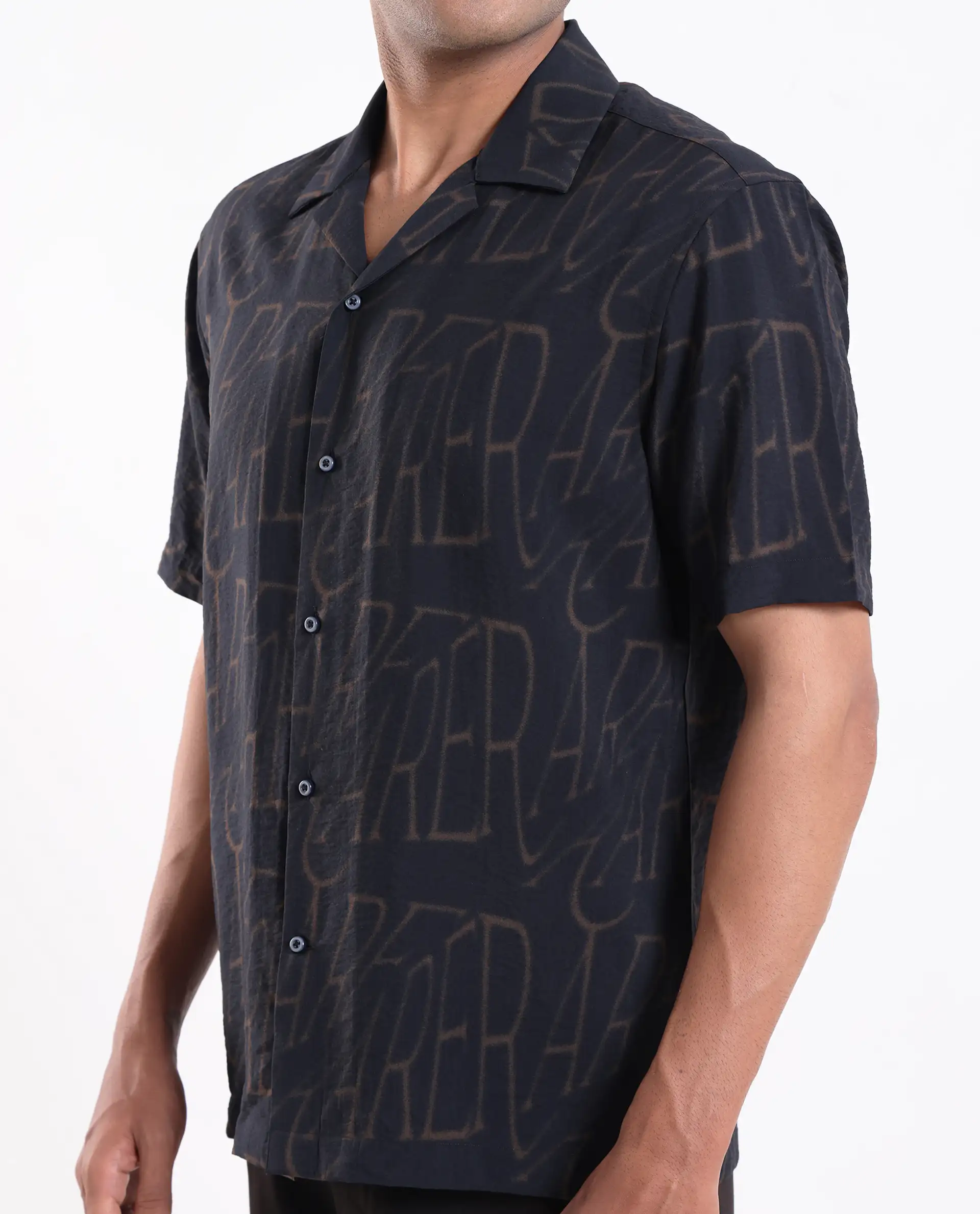Rare Rabbit Men's Gless Grey Viscose Blend Fabric Half Sleeve Spread Collar Monogram Print Shirt - Image 3