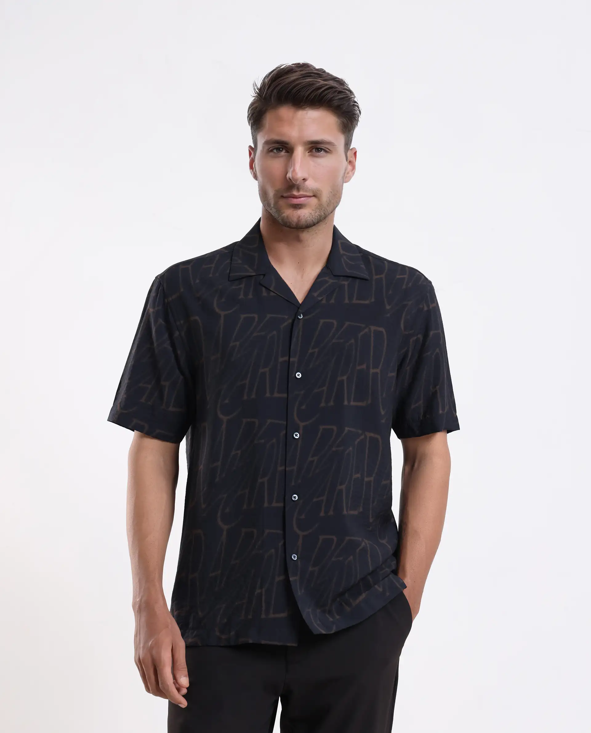 Rare Rabbit Men's Gless Grey Viscose Blend Fabric Half Sleeve Spread Collar Monogram Print Shirt - Image 4