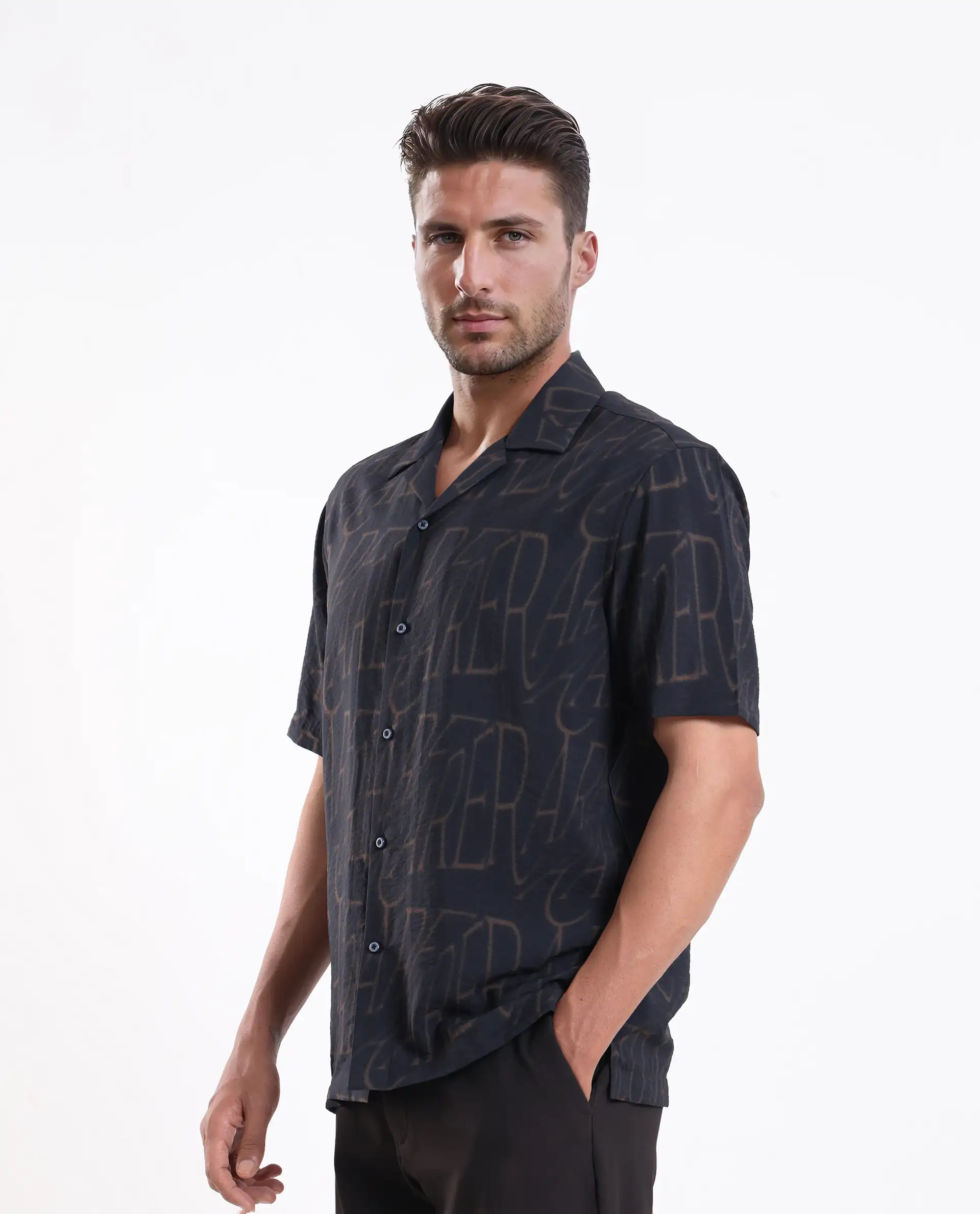 Rare Rabbit Men's Gless Grey Viscose Blend Fabric Half Sleeve Spread Collar Monogram Print Shirt - Image 5
