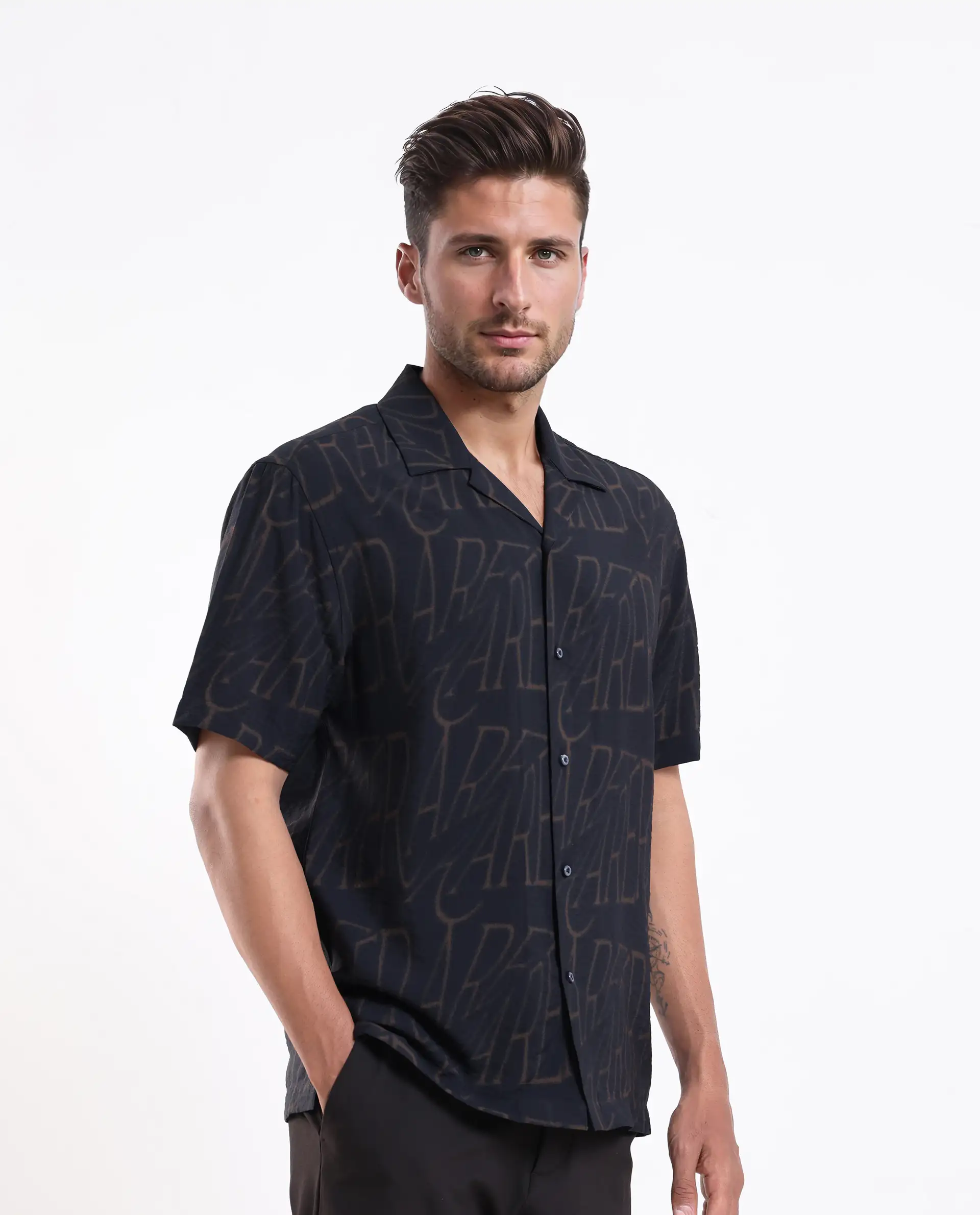 Rare Rabbit Men's Gless Grey Viscose Blend Fabric Half Sleeve Spread Collar Monogram Print Shirt - Image 6