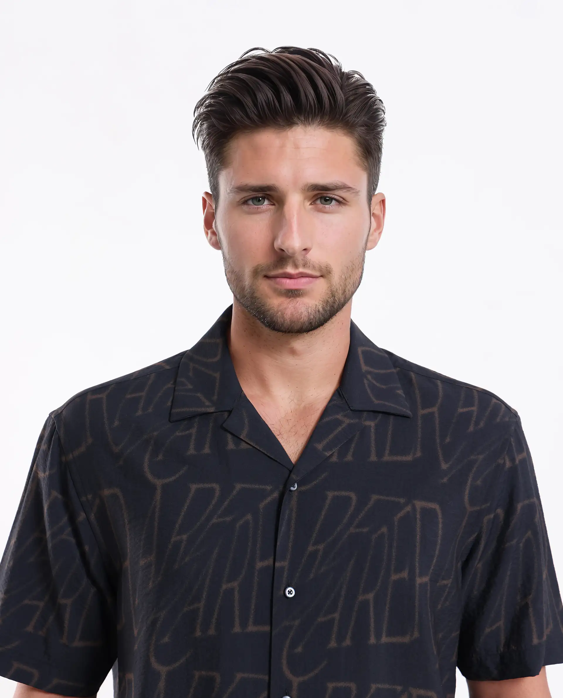 Rare Rabbit Men's Gless Grey Viscose Blend Fabric Half Sleeve Spread Collar Monogram Print Shirt - Image 7