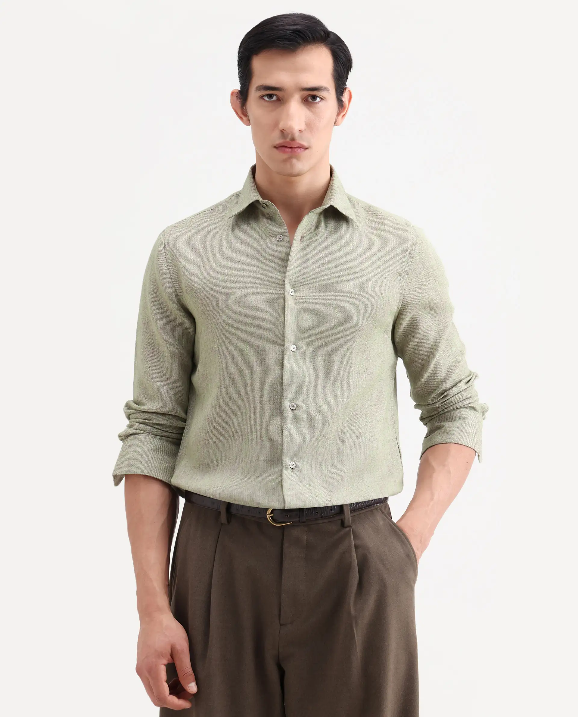 Rare Rabbit Men's Glet-26 Fluorescent Green Polyester Blend Fabric Full Sleeve Collared Regular Fit Plain Shirt - Image 4