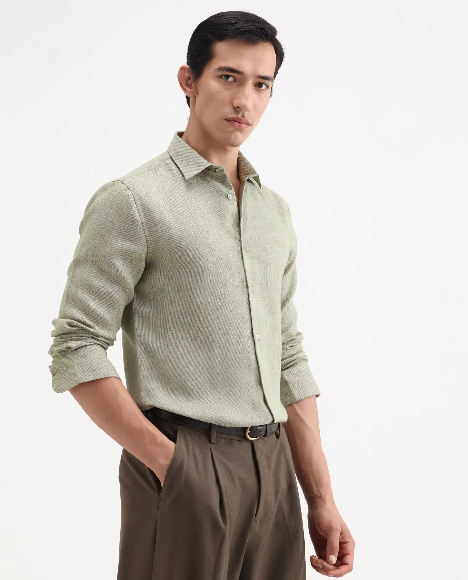 Rare Rabbit Men's Glet-26 Fluorescent Green Polyester Blend Fabric Full Sleeve Collared Regular Fit Plain Shirt - Image 6