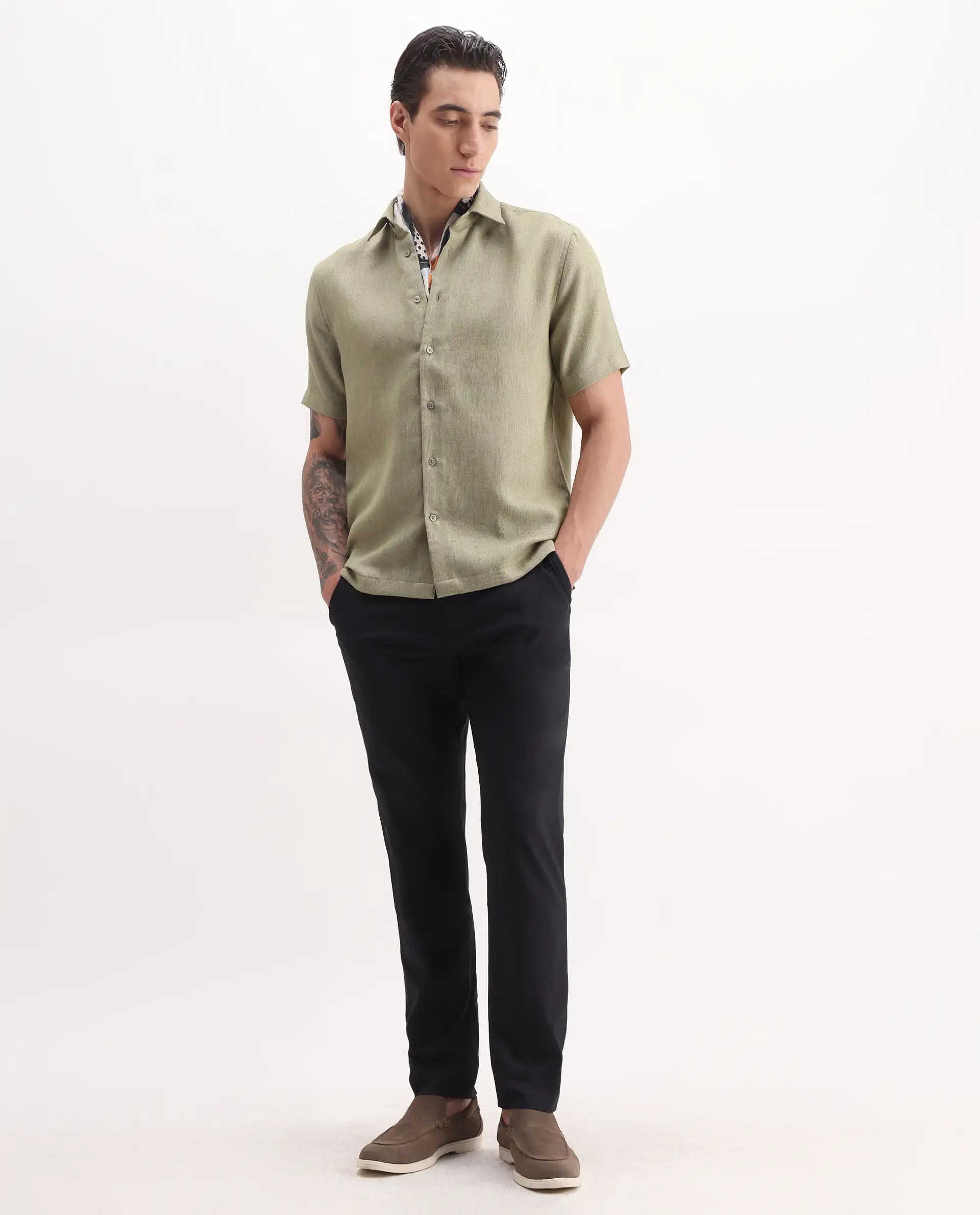 Rare Rabbit Men's Glet Dusky Green Polyester Plain Regular Fit Half Sleeve Collared Shirt - Image 2