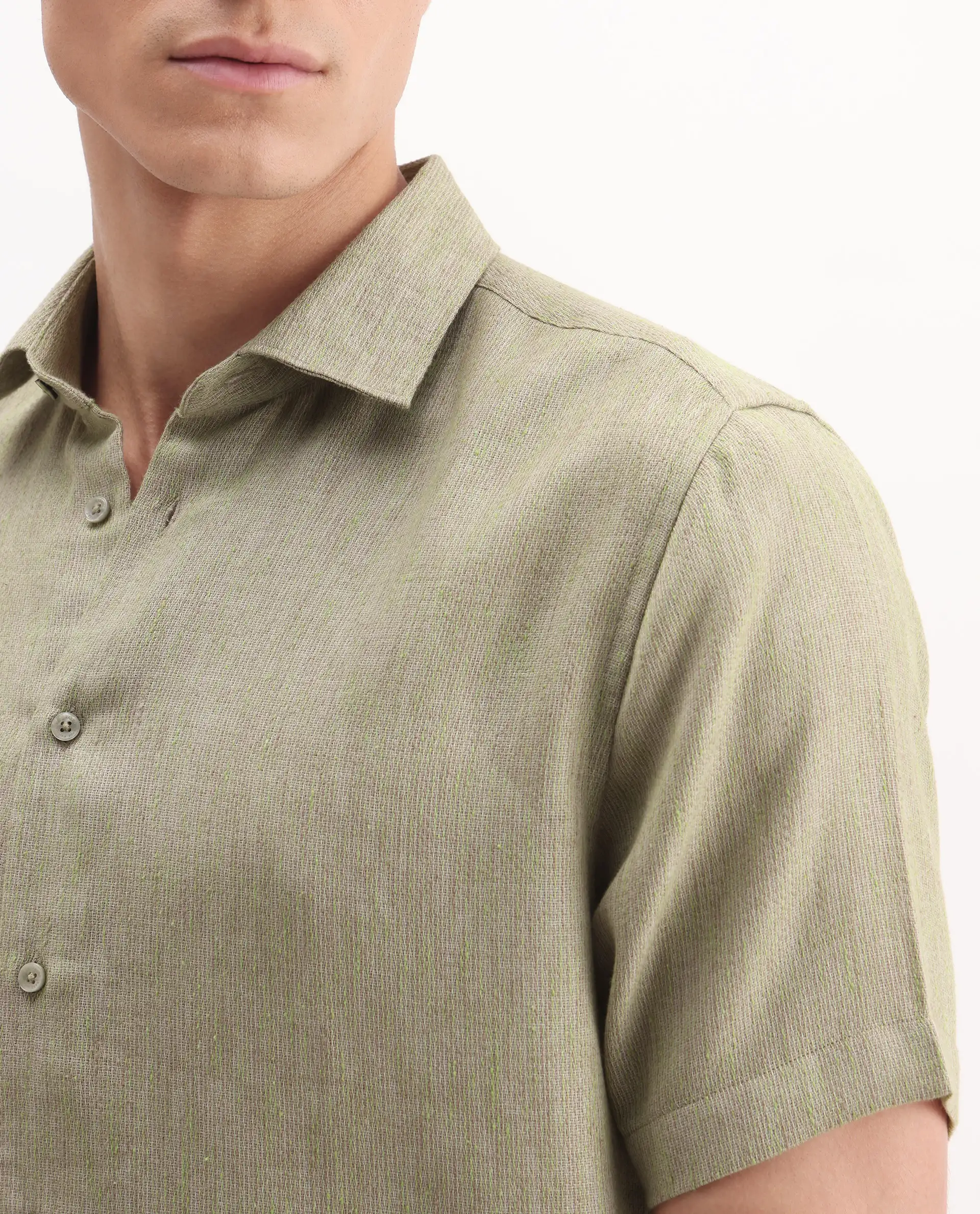 Rare Rabbit Men's Glet Dusky Green Polyester Plain Regular Fit Half Sleeve Collared Shirt - Image 3