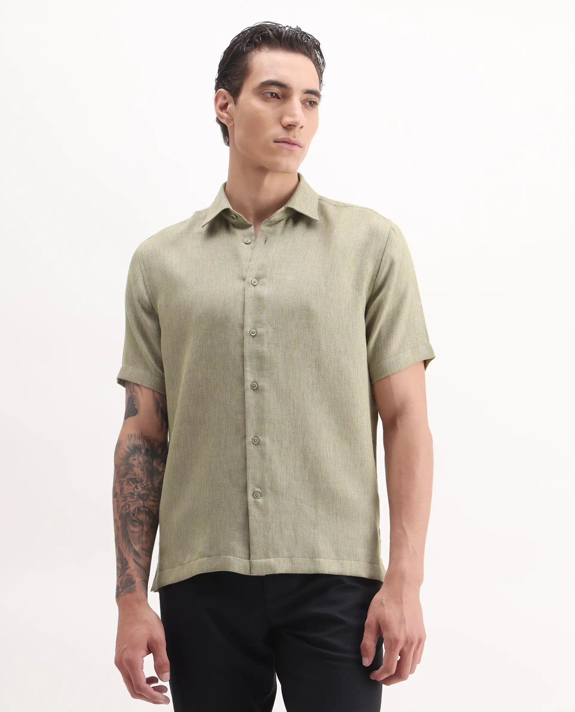 Rare Rabbit Men's Glet Dusky Green Polyester Plain Regular Fit Half Sleeve Collared Shirt - Image 4