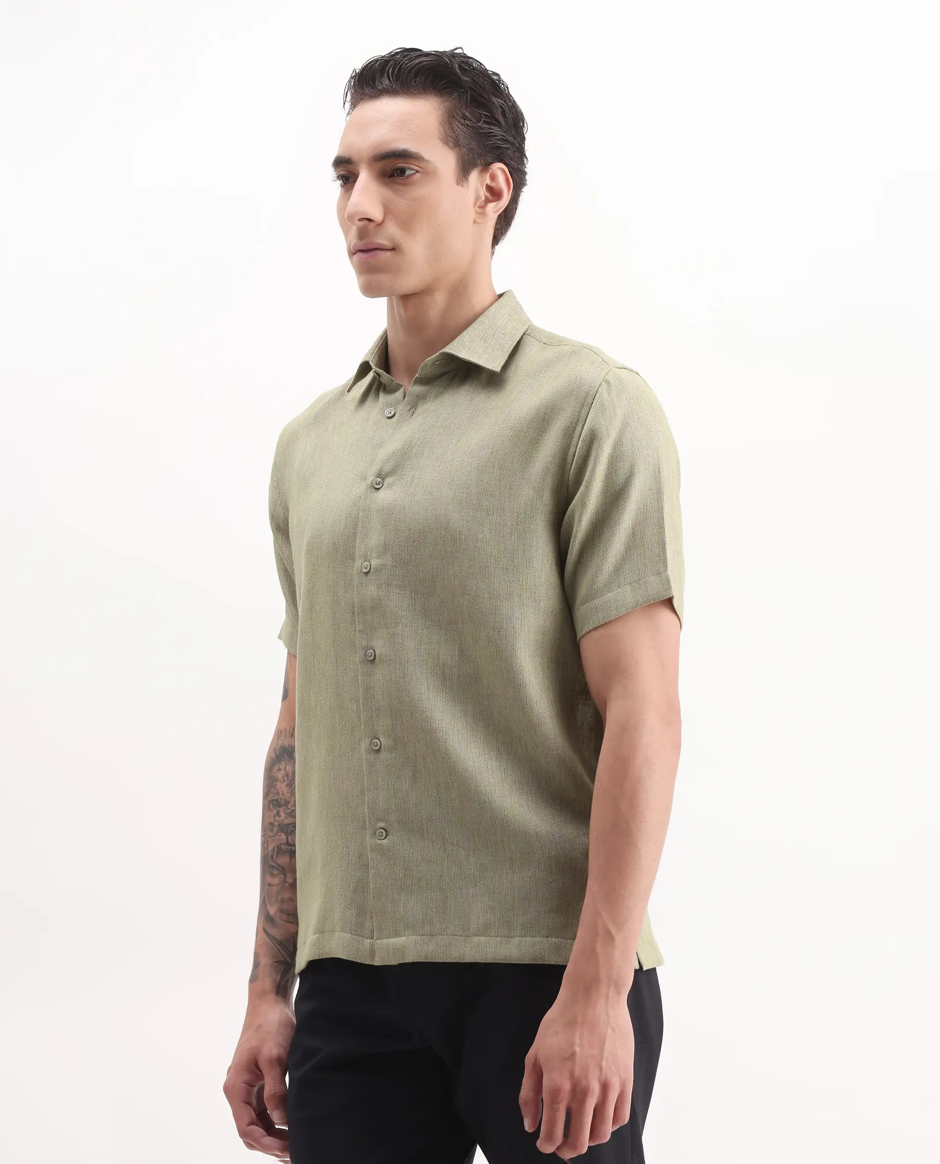 Rare Rabbit Men's Glet Dusky Green Polyester Plain Regular Fit Half Sleeve Collared Shirt - Image 5